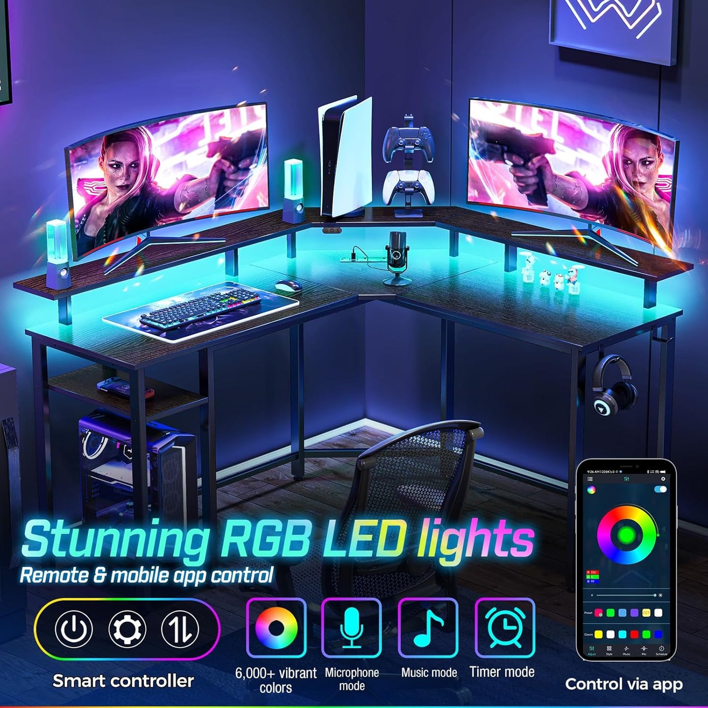 Rolanstar L Shaped Gaming Desk with LED Lights & Power Outlets, 46.2" Computer Desk with Full Monitor Stand & Storage Shelf, Corner Desk with Hooks, Black Desk Reversible