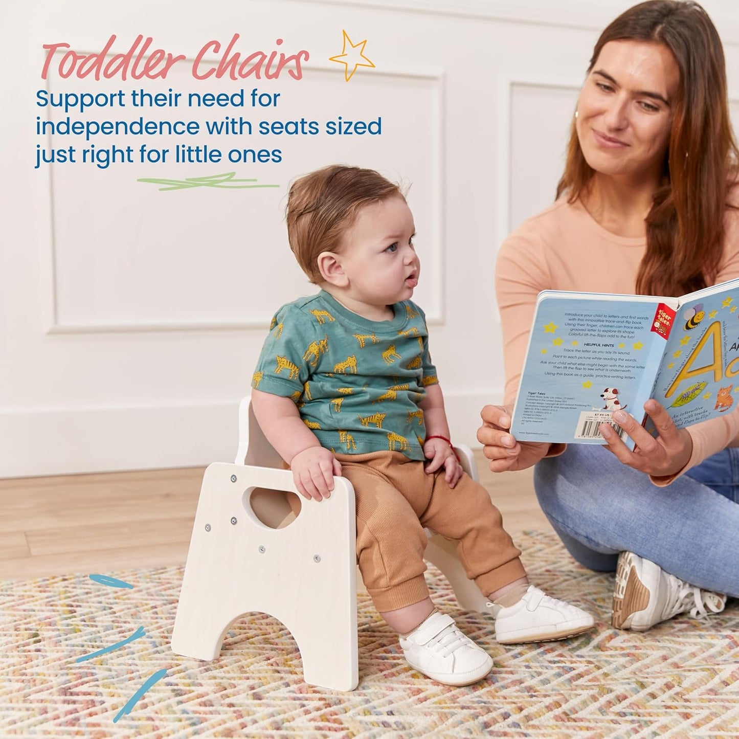 ECR4Kids Stackable Wooden Toddler Chair, 6in, Kids Furniture, White Wash, 2-Pack