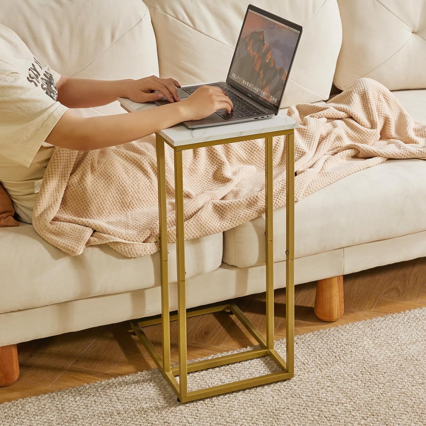 Small Side Tables C Shaped, End Table, Small Table Stand for Living Room Bedroom, Little Bedside Table Faux Marble+Gold YD-TM051G