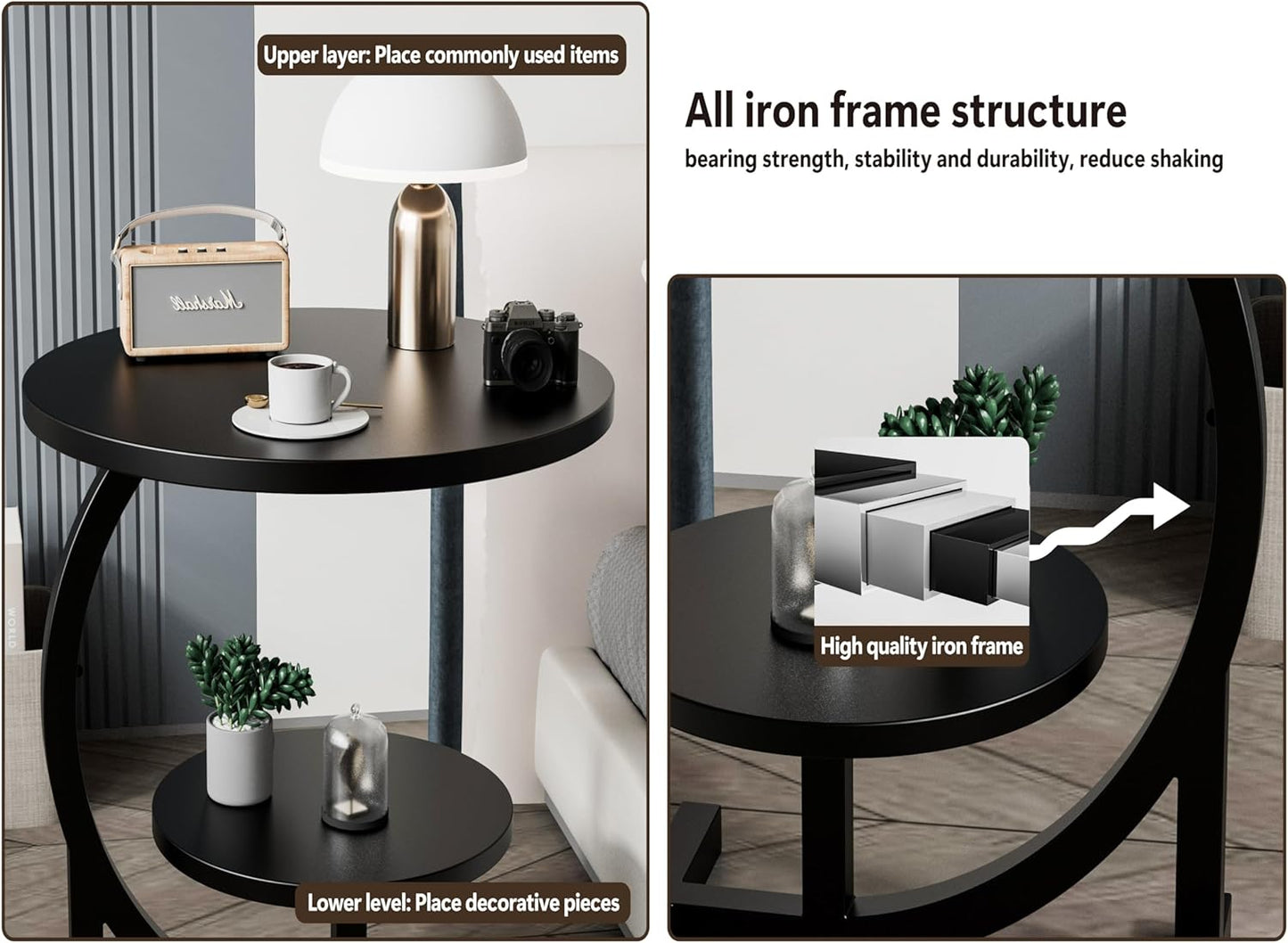 C-Shaped End Table,2 Tiers Round Side Table,Sofa Small Side Table for Living Room, Bedroom,Bedside Small Space,Black