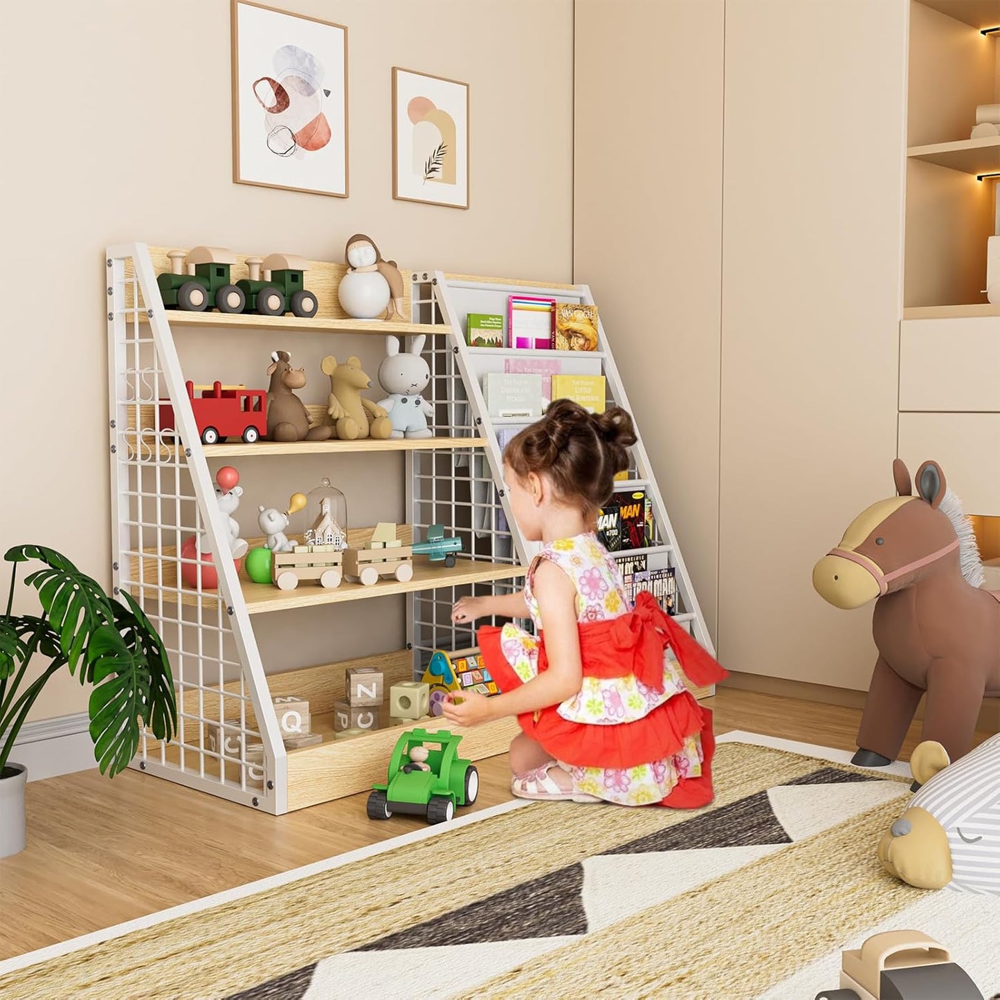 Kids Book Shelf,4 Tier Wooden Bookshelf,5 Layer Sling Children Bookcase,Toy Organizer Cabinet Chest,Book Display Shelf with Metal Frame, Nursery Playroom Classroom Library (Natural)