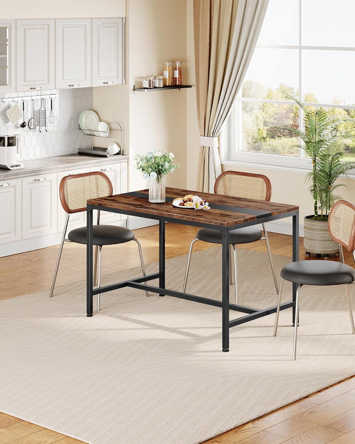 47.2'' Dining Table, Rectangle Color-Blocked Kitchen Dinner Table, for 6 People, Writing Desk, for Dining Room, Living Room, Office, Rustic Brown and Black TCZ12BF