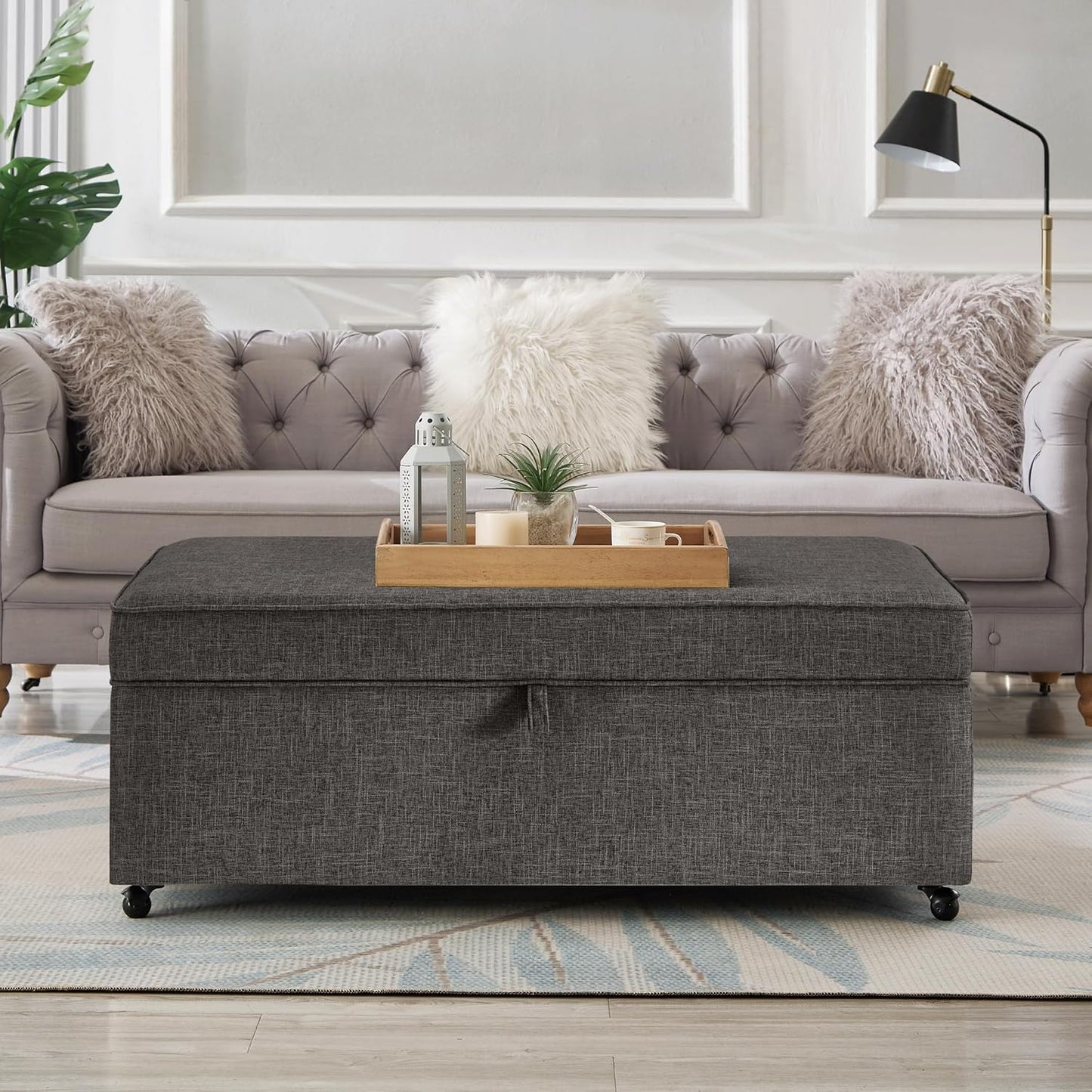 45" Modern Sofa Ottoman with Storage,Linen Upholstered Storage Bench with Rotation Casters and Safety Hinge, for Living Room,Charcoal Grey