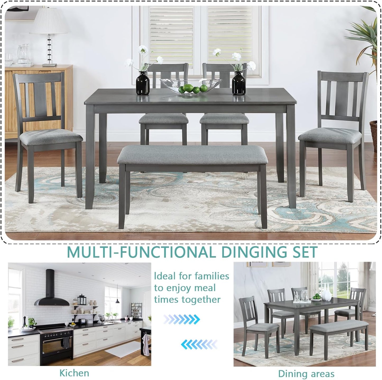 soges 6 Piece Kitchen Dining Table Set, Wooden Dining Table with 4 Upholstered Chairs and a Bench for 6 People, Living Room, Home and Kitchen, Table Chairs Set, Grey