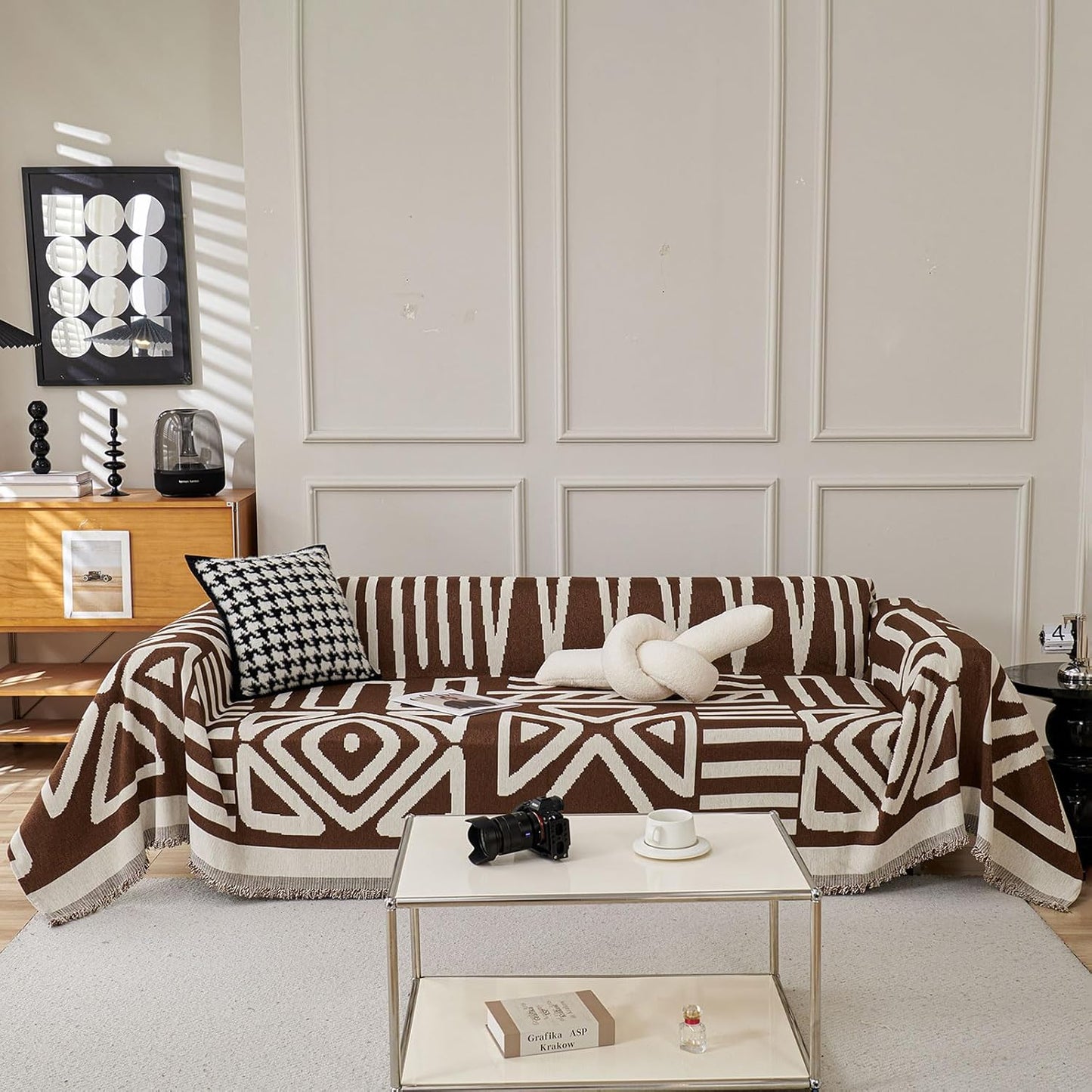 STACYPIK Soft Breathable Boho Chocolate Sofa Cover Stain Resistant Furniture Protector for 3 Cushion Couch Washable Sofa Cover for Dogs Cats Dark Khaki Reversible Sectional Covers for Sofa-91X150IN