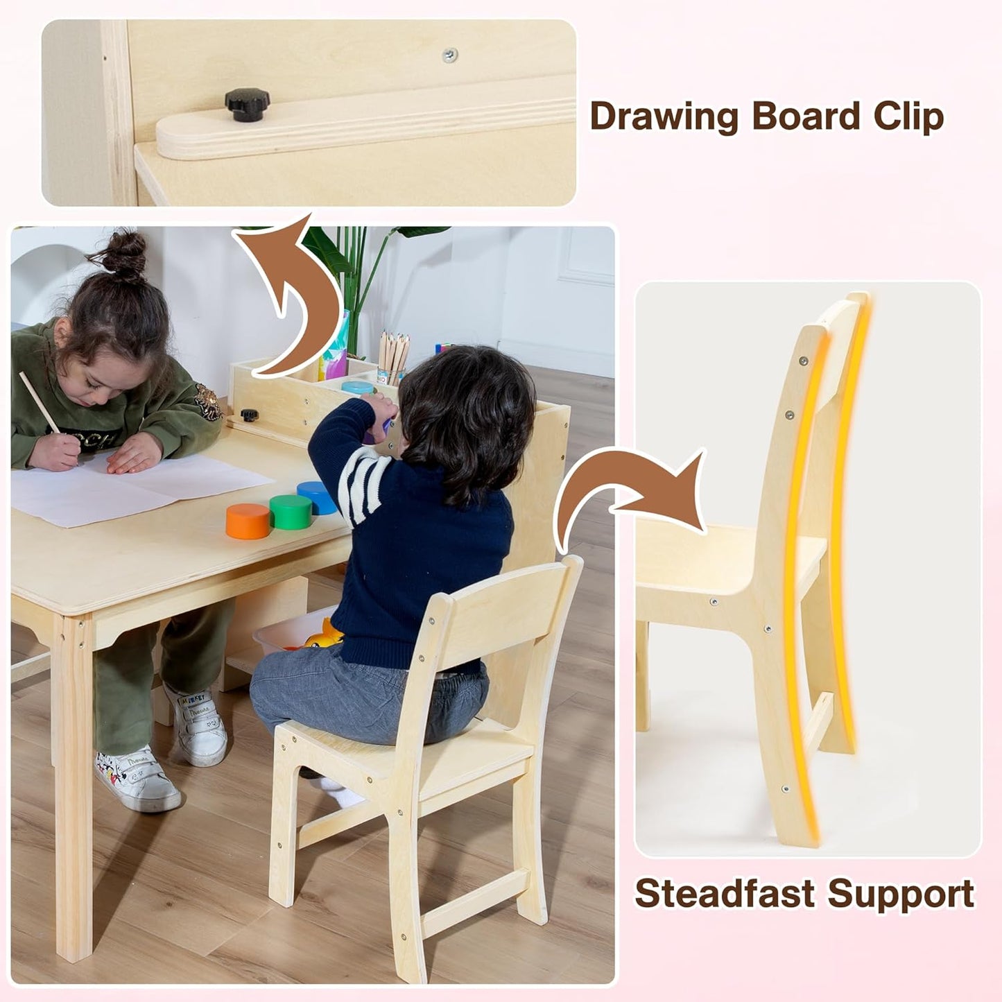 Kids Art Table and Chair Set, Birch Wooden Activity Craft Table, Kids Drawing Table, Toddler Desk with Storage and 1 Chair