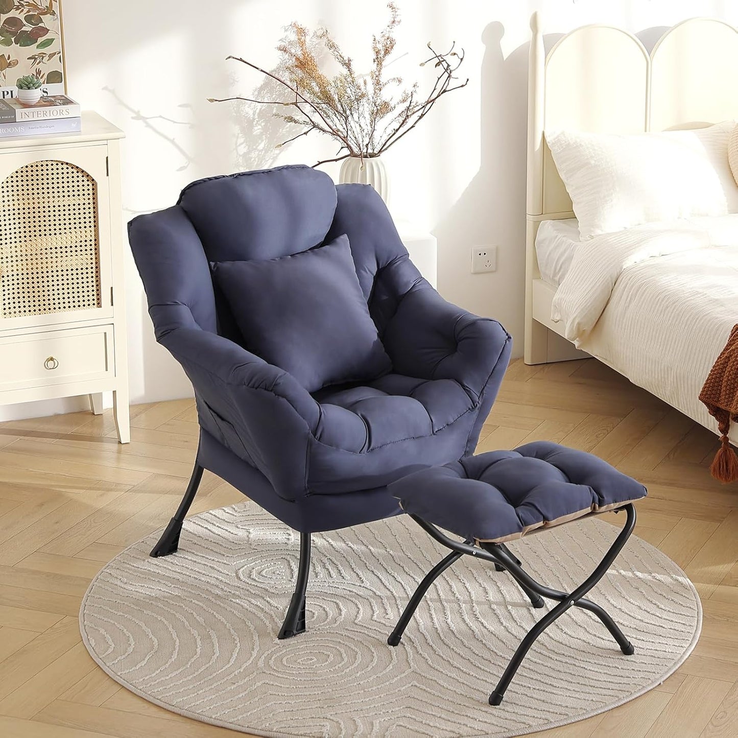 Large Lazy Chair with Ottoman, Accent Reading Chair with a Throw Pillow, Cozy Lounge Chair with Armrest, Leisure Sofa Chair for Living Room, Bedroom, Dorm, Peach Navy