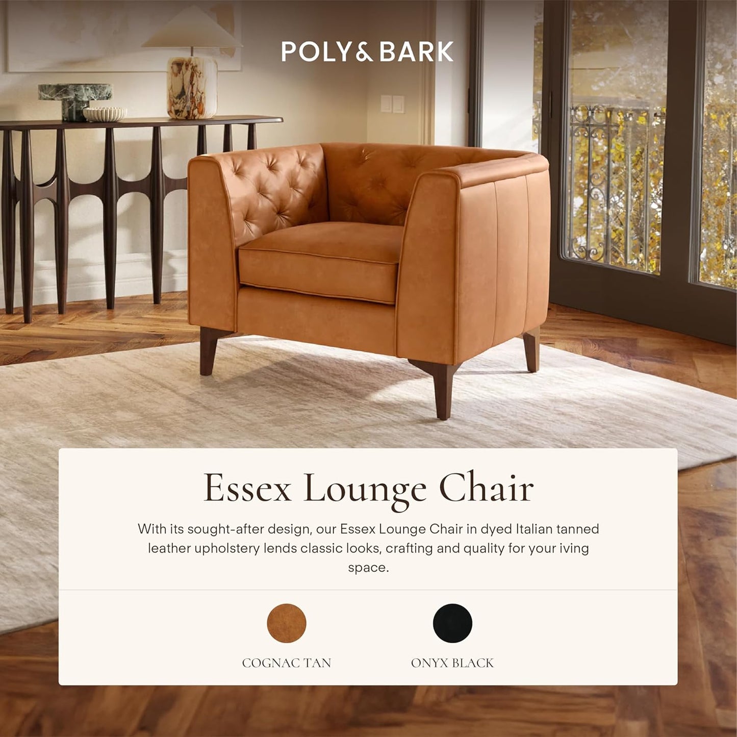 Poly & Bark Essex Lounge Chair - Leather Chair with Tufted Back - Full-Grain Living Room Armchair with Feather-Down Topper - Single Couch - Vintage Italian Leather in Cognac Tan