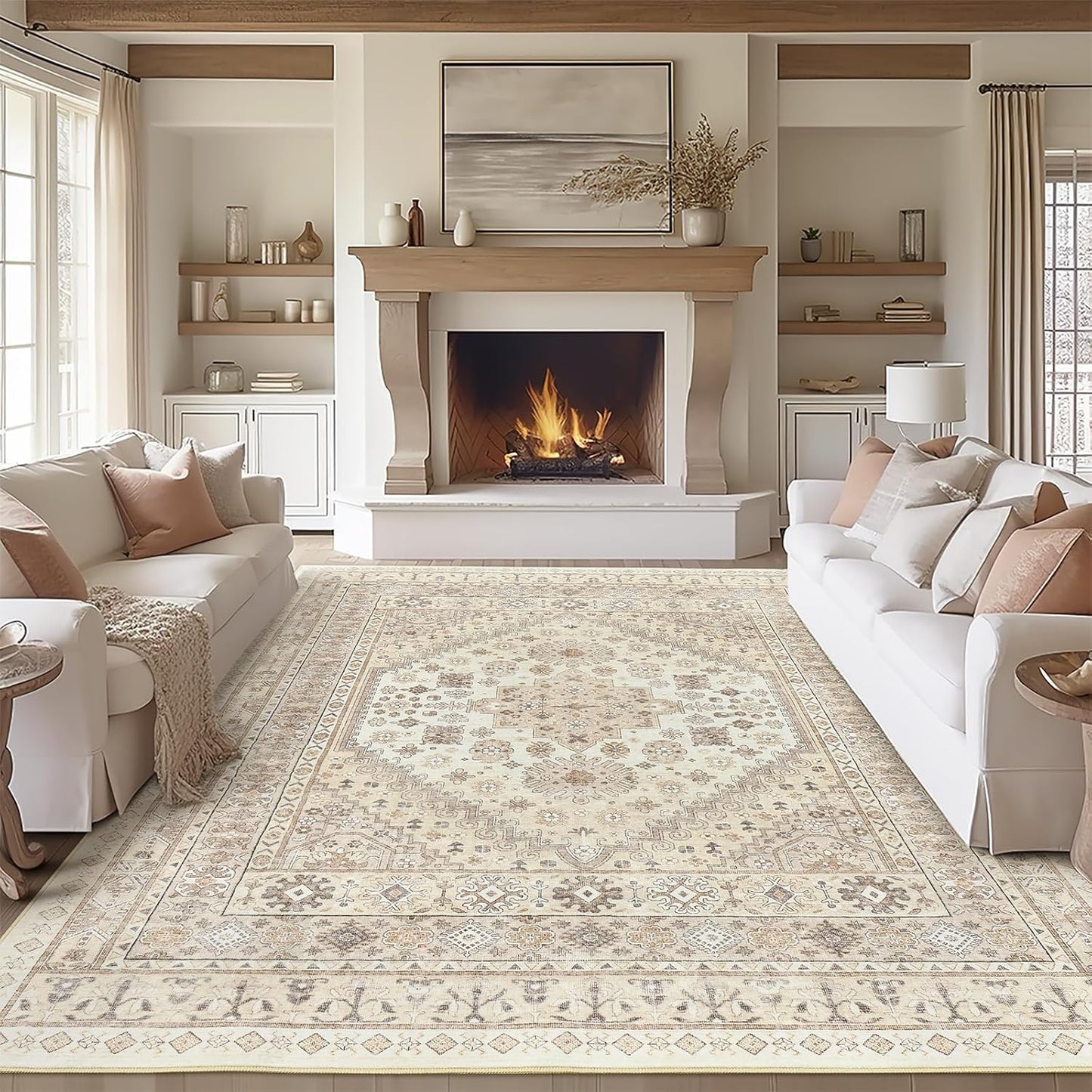 zesthome 10x12 Area Rugs,Stain Resistant Washable Rug,Ultra-Thin Rugs for Living Room,Bedroom,Non-Slip Backing Home Decor Large Area Rug (Cream/Beige,10'x12')