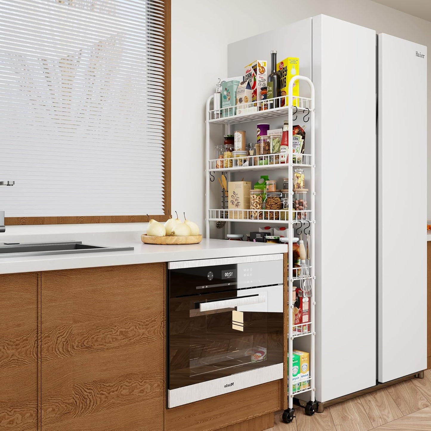 6 Tier Slim Rolling Storage Cart with Wheels, Metal Mobile Shelving Unit Organizer Utility Cart for Office Bathroom Kitchen Laundry Room Narrow Places (White 6 Inches)