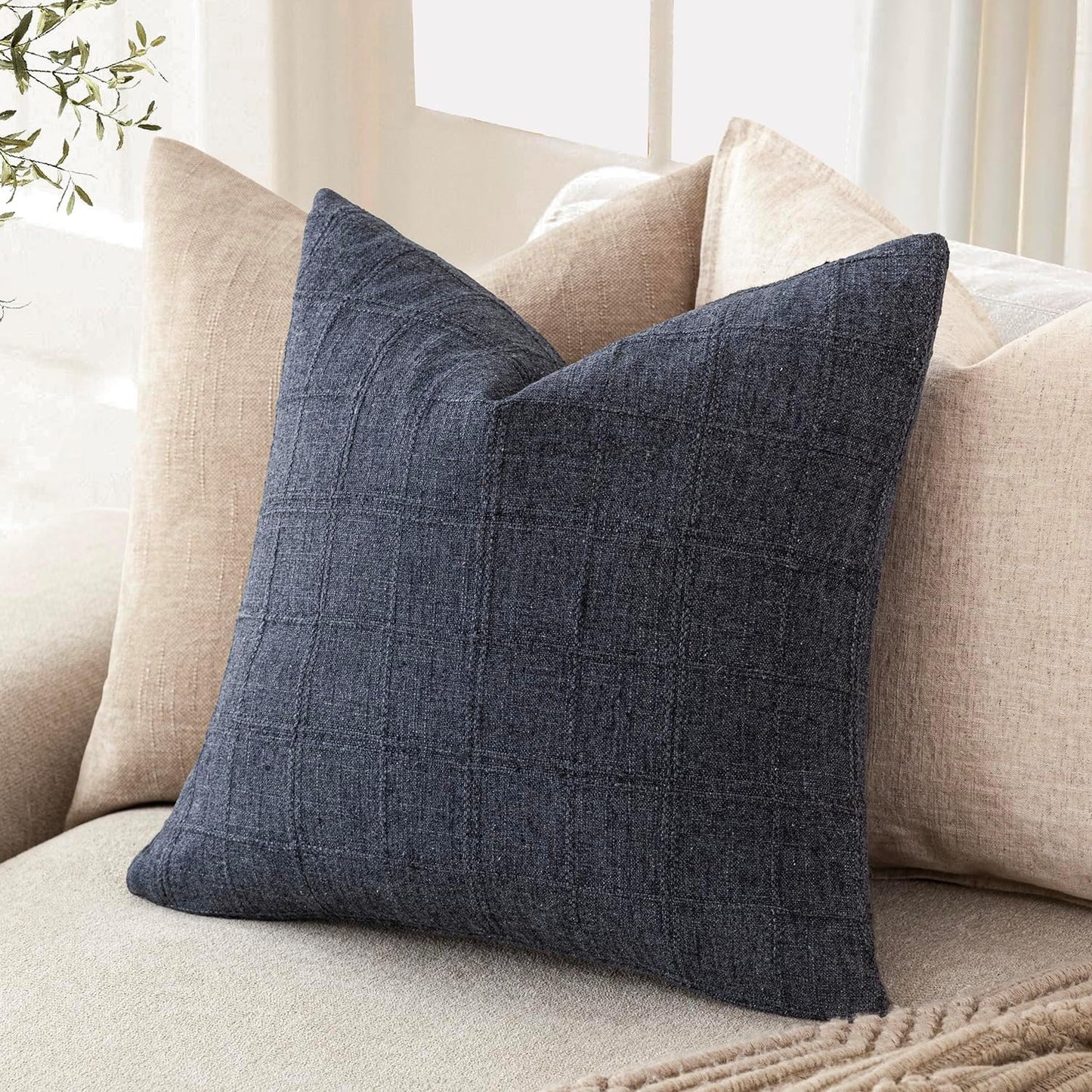 Foindtower Set of 2 Decorative Linen Check Throw Pillow Covers Neutral Farmhouse Vintage Cushion Covers Modern Boho Home Decor for Sofa Chair Couch Bedroom Living Room Outdoor,18×18 Inch,Navy Blue