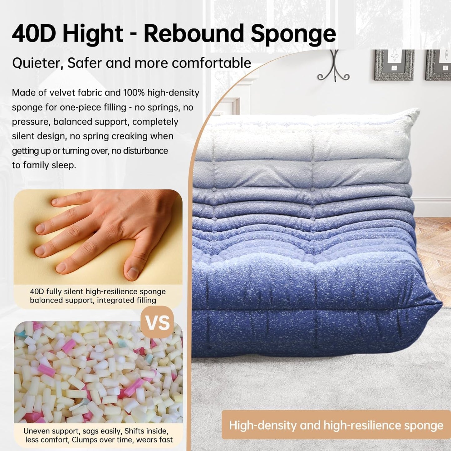 Bean Bag Chairs for Adults, Memory Foam Couch Loveseat Sofa Chair, Soft Teddy Material Cozy Comfy Reading Nook Chairs, Floor Chair for Living Room Bedroom Office(Blue-White)