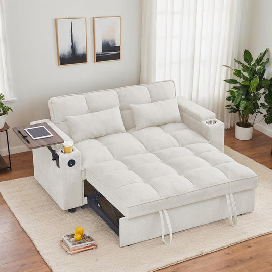 65-inch Multifunctional Loveseat Pull Out Sleeper Sofabed W/Cupholders, Oversized 3-in-1 Convertible Love Seat with Pull-Out Sleeper Couch Bed, Storage, USB Ports, Side Table for Living Room Bedroom