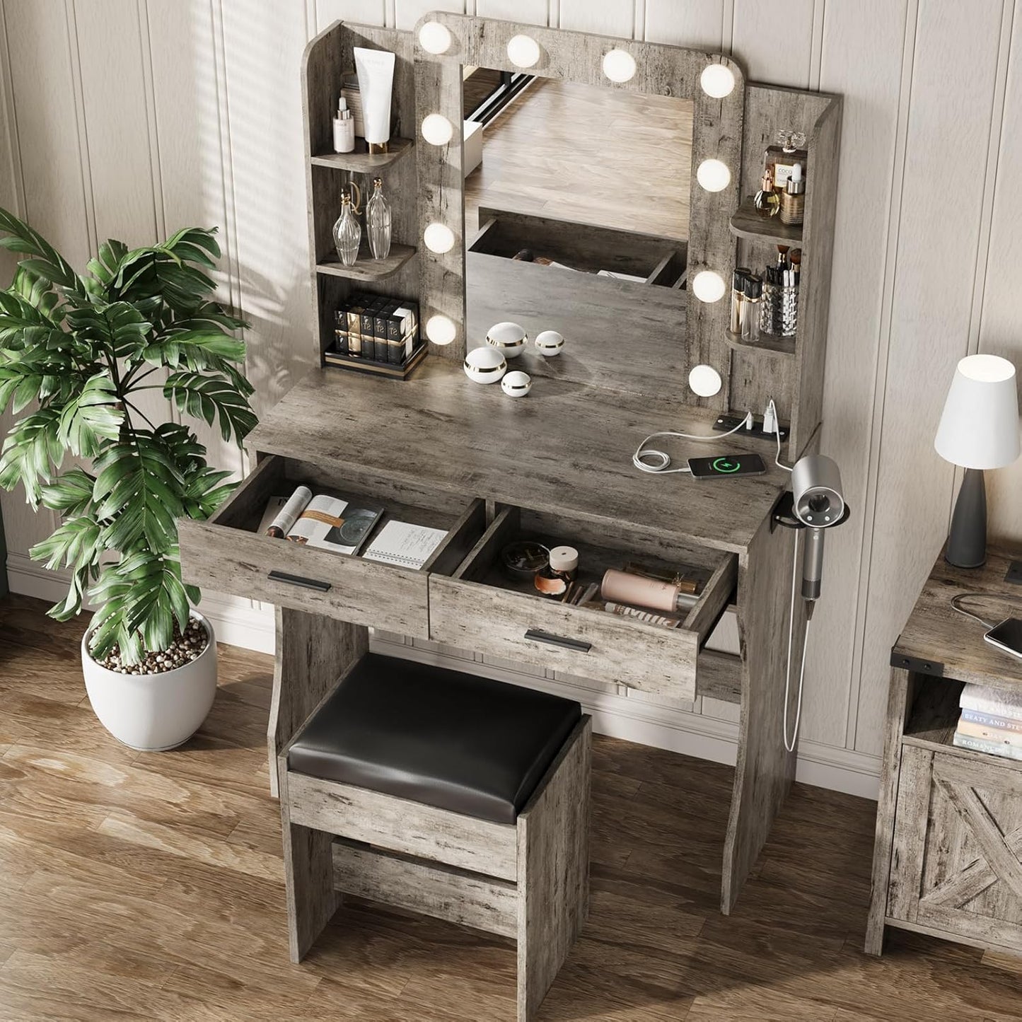 Vabches Vanity Desk with Mirror and Lights,Makeup Vanity Table with Charging Station,2 Drawer Bedroom Dressing Table with 3 Colors Modes Dimming & Cushioned Stool,Light Rustic Oak