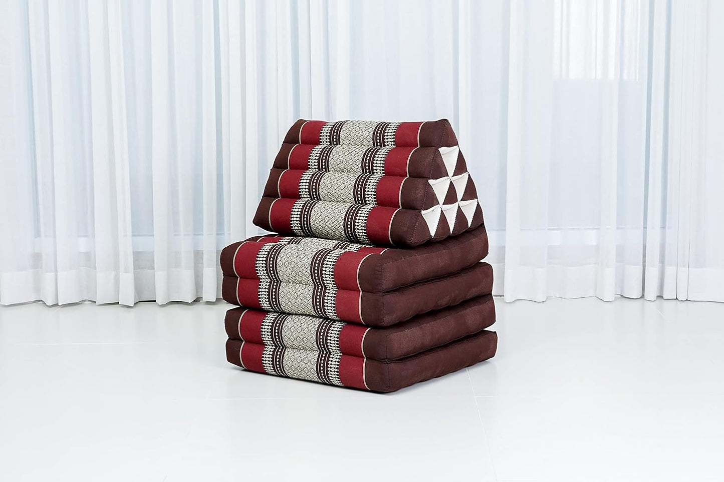 Leewadee Comfortable Japanese Floor Mattress - Thai Floor Bed with Triangle Cushion - Futon Mattress - XL Extra Long Thai Massage Mat, 89 x 20 inches, Brown Red, Kapok Filling