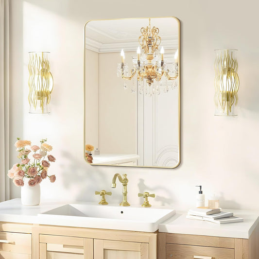 20x28 Rounded Rectangle Bathroom Mirrors for Over Sink, Gold Vanity Mirror with Metal Frame Wall Mounted, Modern Farmhouse Mirror for Restroom, Bedroom, Entryway Decor