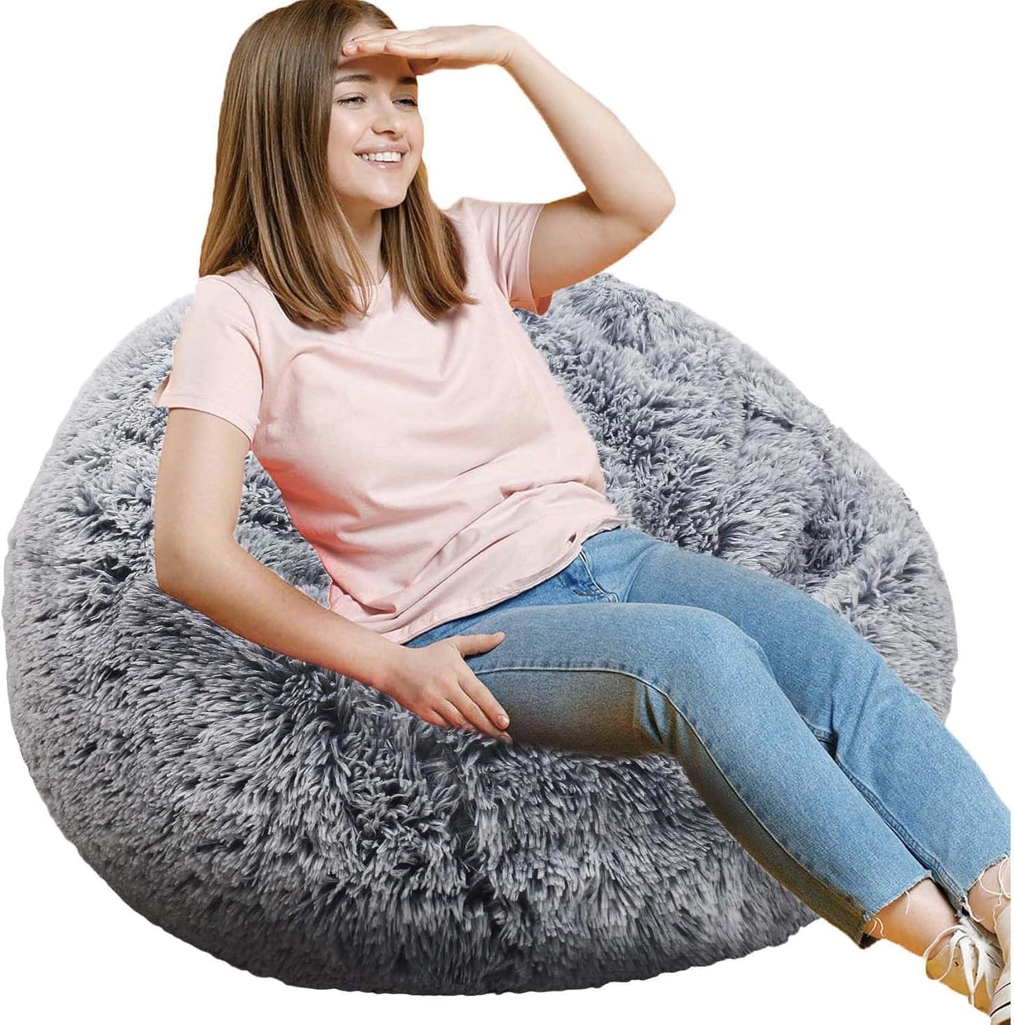 Fluffy Bean Bag Chair, 3FT Round Memory Foam Filled Bean Bag for Teens & Kids, Ultra Soft Faux Fur Fabric Bean Bag Chairs for Playroom, Living Room, Bedroom, Gray