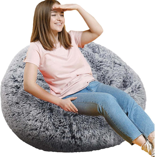 Fluffy Bean Bag Chair, 3FT Round Memory Foam Filled Bean Bag for Teens & Kids, Ultra Soft Faux Fur Fabric Bean Bag Chairs for Playroom, Living Room, Bedroom, Gray
