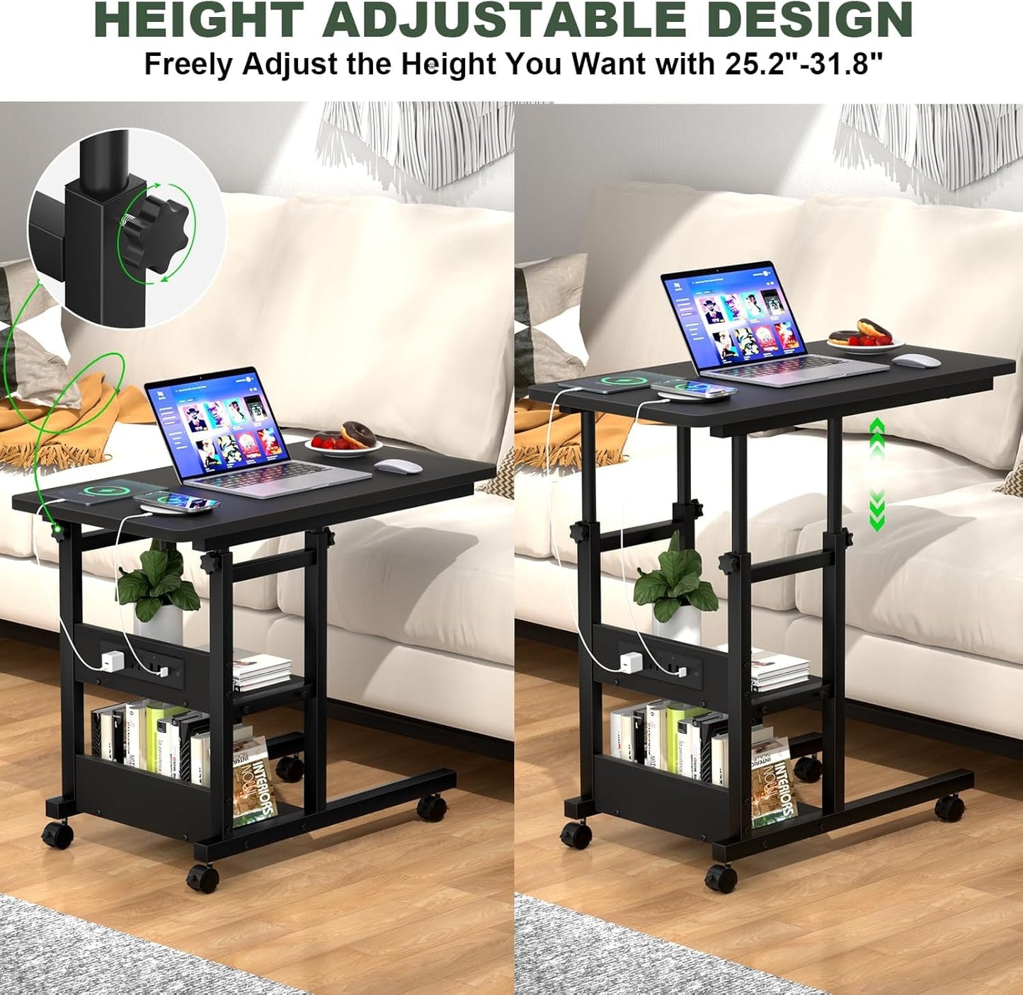 C Shaped End Table Height Adjustable - Couch Side Table with Charging Station, TV Tray with Wheels Slide Under Sofa for Small Spaces, Living Room Bedroom, Black