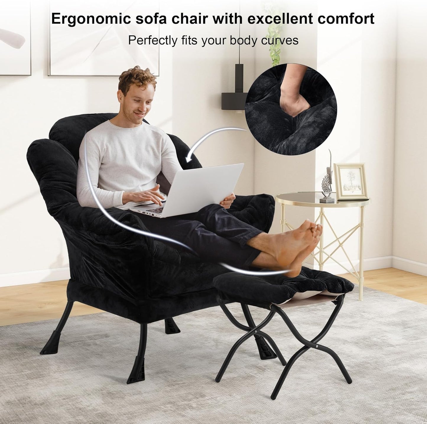 Fabric Lazy Chair with Ottoman, Oversized Upholstered Sofa Chair for Adults, Plush Comfy Lounge Chair with Large Side Storage Pocket, Reading Chair for Living Room, Bedroom, Study Room, Black