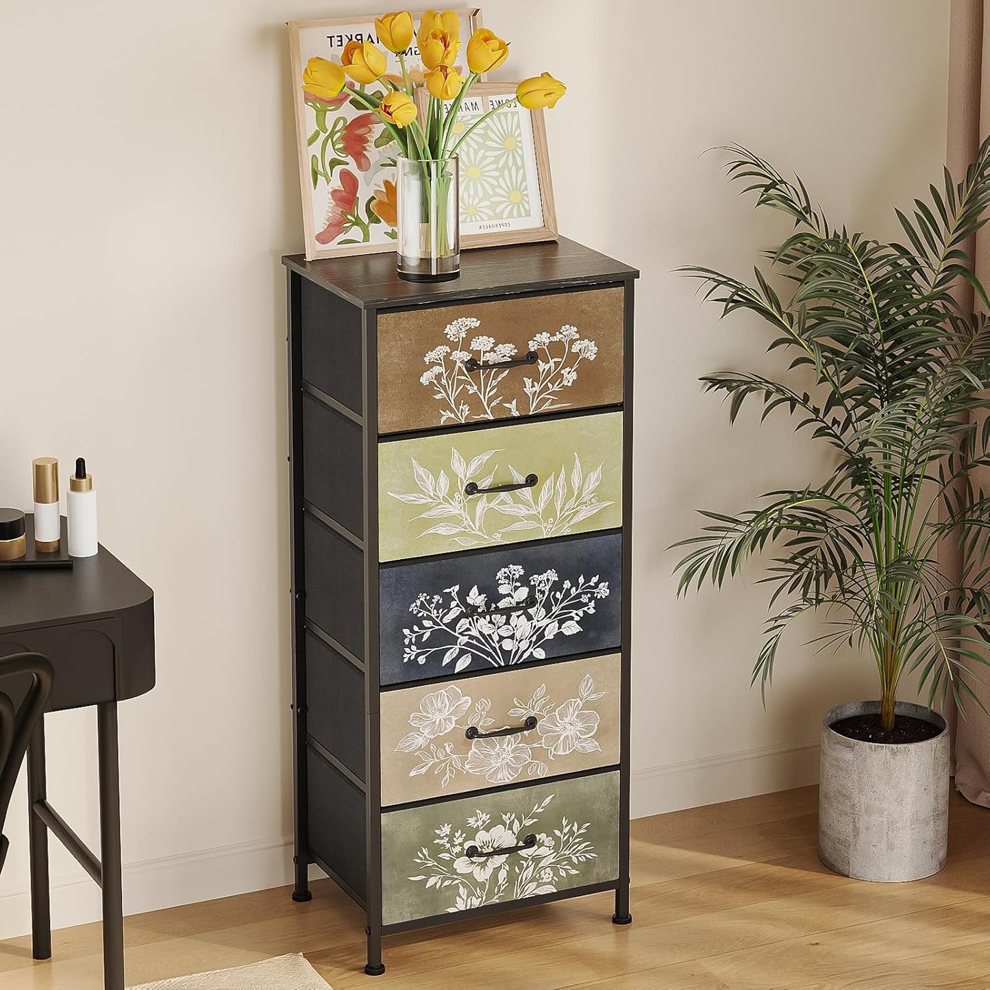 Tohomeor Vintage Dresser Vertical Nightstand with Neutral Botanical Plant Fabric Chest Drawers for Closet Bathroom Storage Tower Unit Bed Side Organizer Farmhouse Rustic (Multi, 5 Drawers)