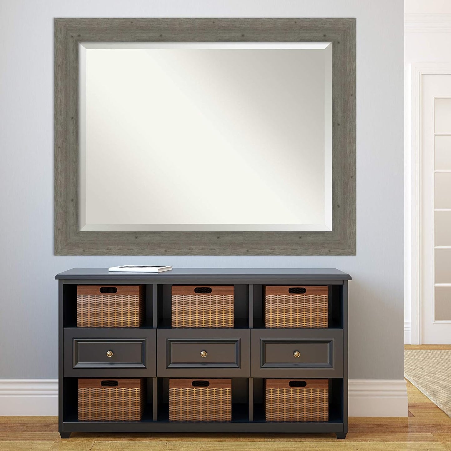 Amanti Art Grey Wall Mirror 37x47 Fencepost Grey Rectangle Bathroom Mirror for Wall Decor Living Room, X-Large Rustic Farmhouse Wood Frame, Hangs Horizonally and Vertically, Bathroom Decor, Beveled