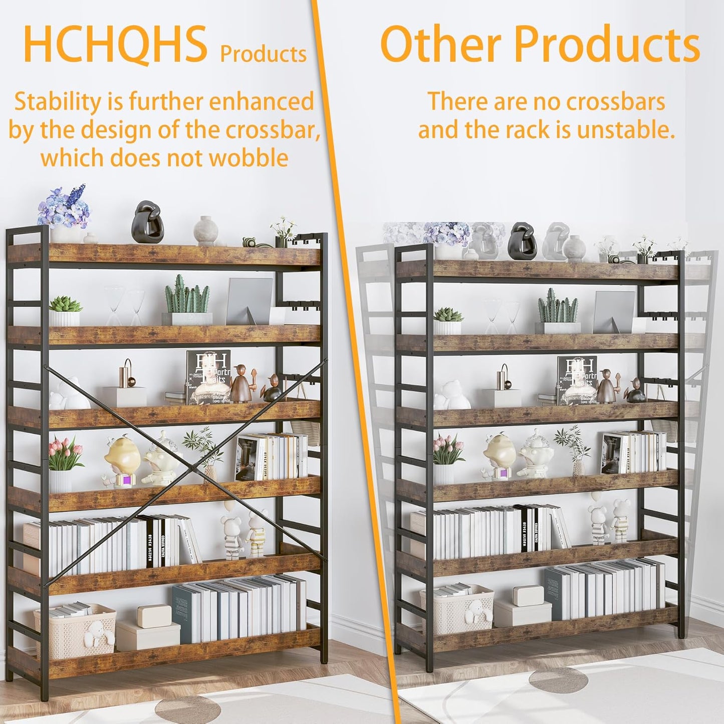 HCHQHS 6 Tier Bookshelf, Adjustable Industrial Bookcase, Vertical Tall Book Shelf, Wood and Black Metal Open Bookshelves for Home Office, Living Room, Bedroom
