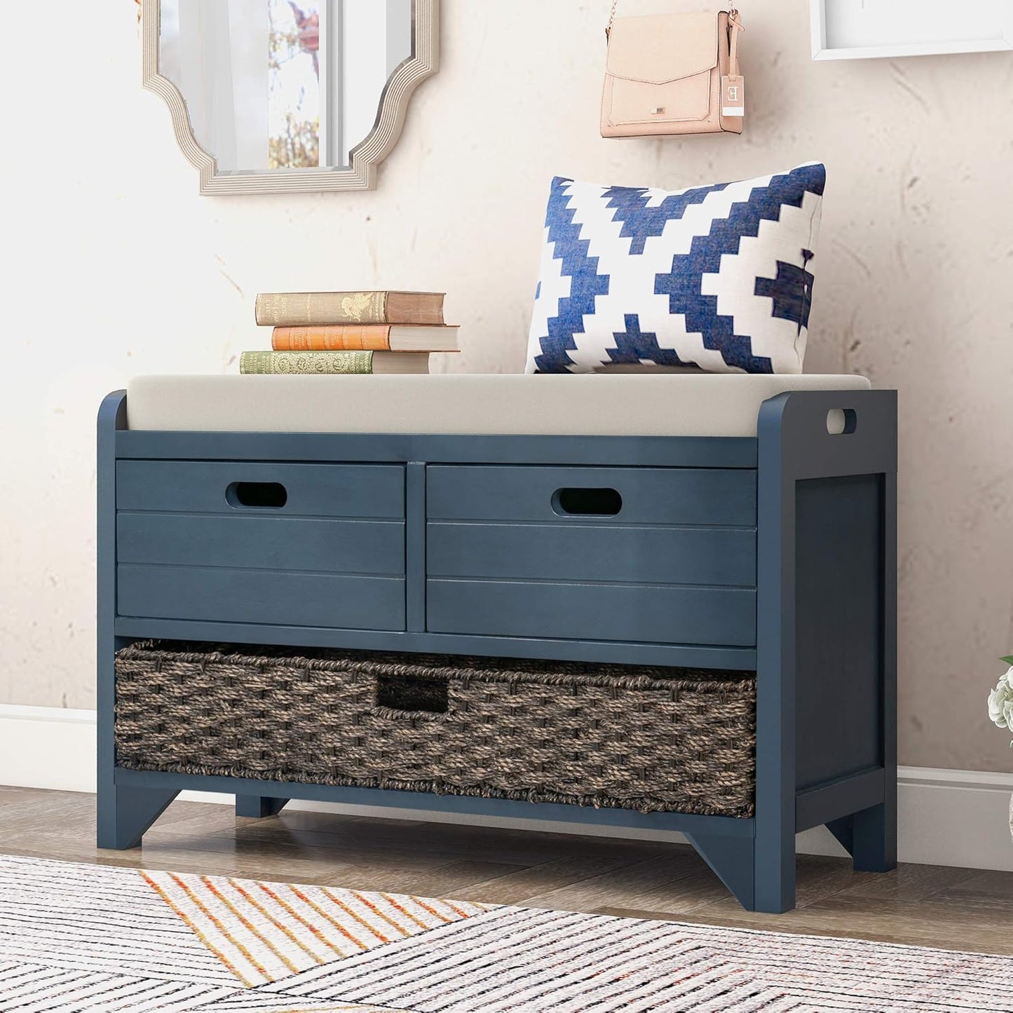 Merax Classic Wood Shoe Storage Bench with 2 Drawers, Large Rattan Basket and Seat Cushion for Entryway Hallway Front Door Navy