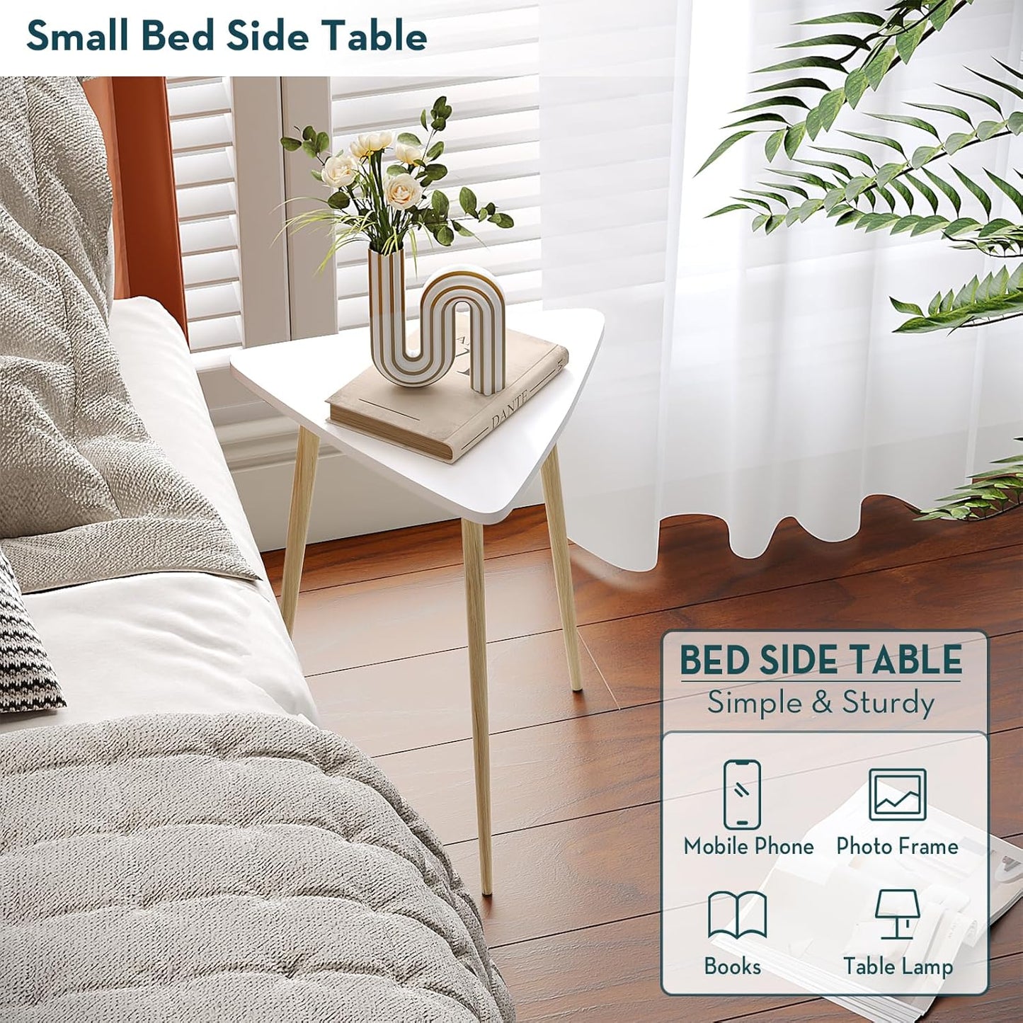 SAYGOER White Side Table Small Triangle End Tables Modern Narrow Sofa Table for Living Room Bedroom Small Space Unique Bedside Table,Medal Frame 13.5" W x 12.3" D x 17.7" H