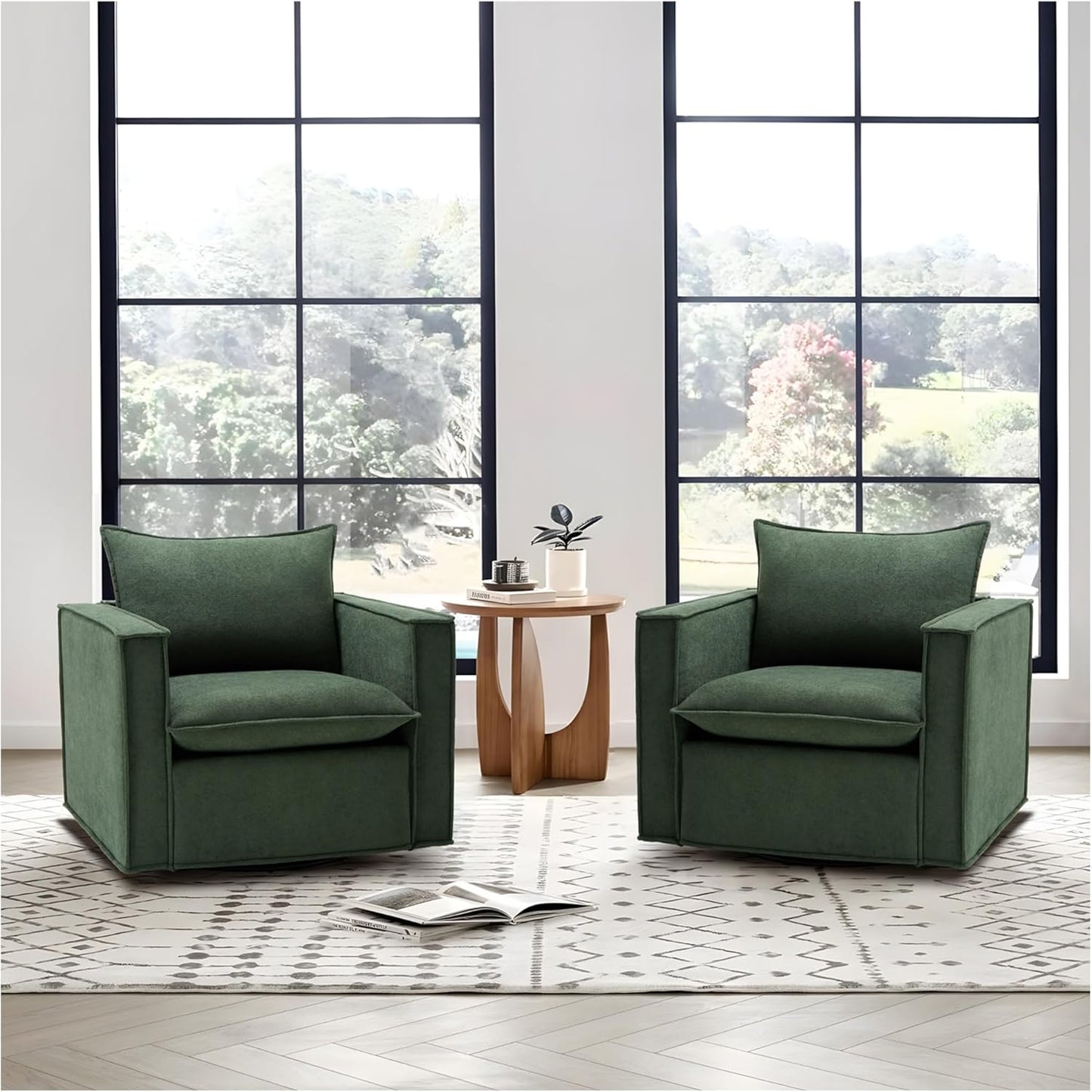 COLAMY Swivel Accent Chair Set of 2, Wide Upholstered 34in Living Room Chairs with Pillow Modern Comfy ArmChair Bedroom Reading Room Chair Sofa,Green