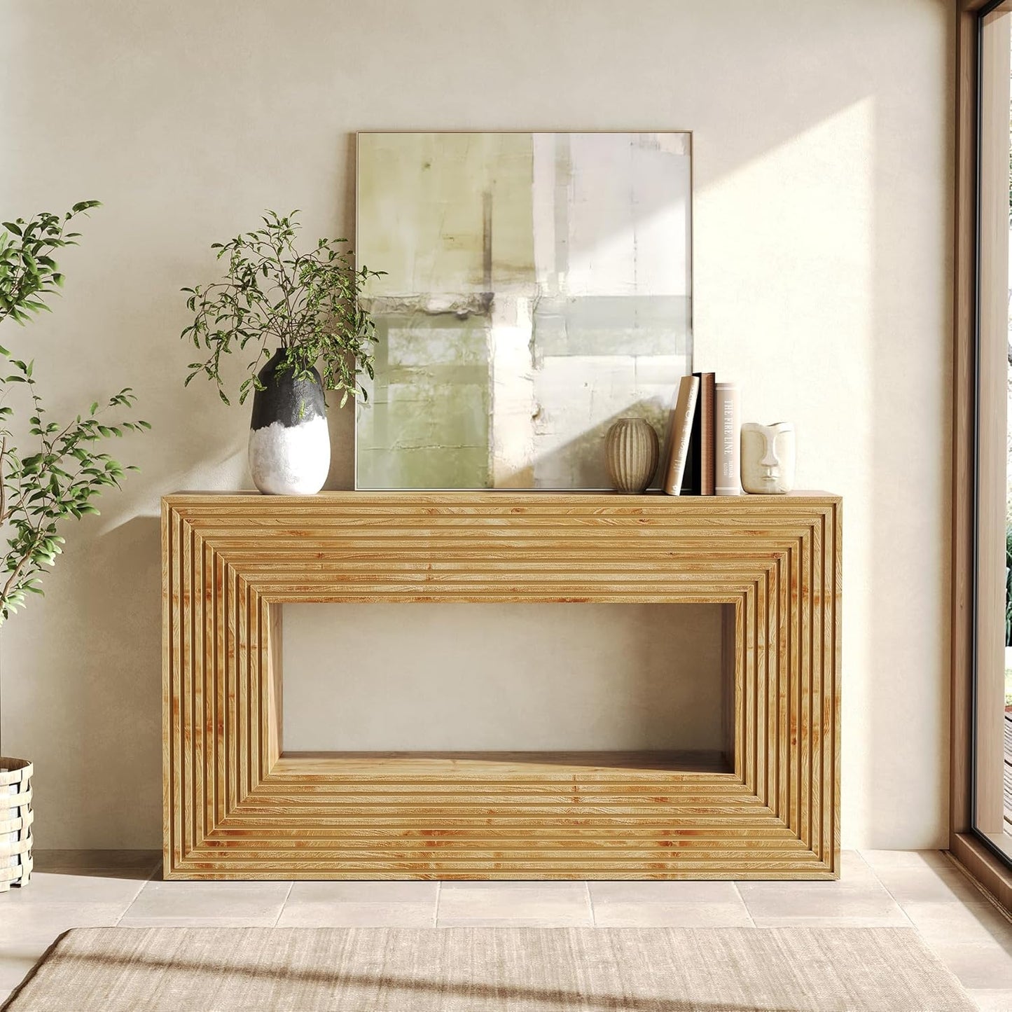 LITTLE TREE 59-Inch Console Table with Storage, 2-Tier Farmhouse Fluted Sofa Table Behind Couch, Large Narrow Entryway Furniture for Living Room, Foyer (Light Walnut)