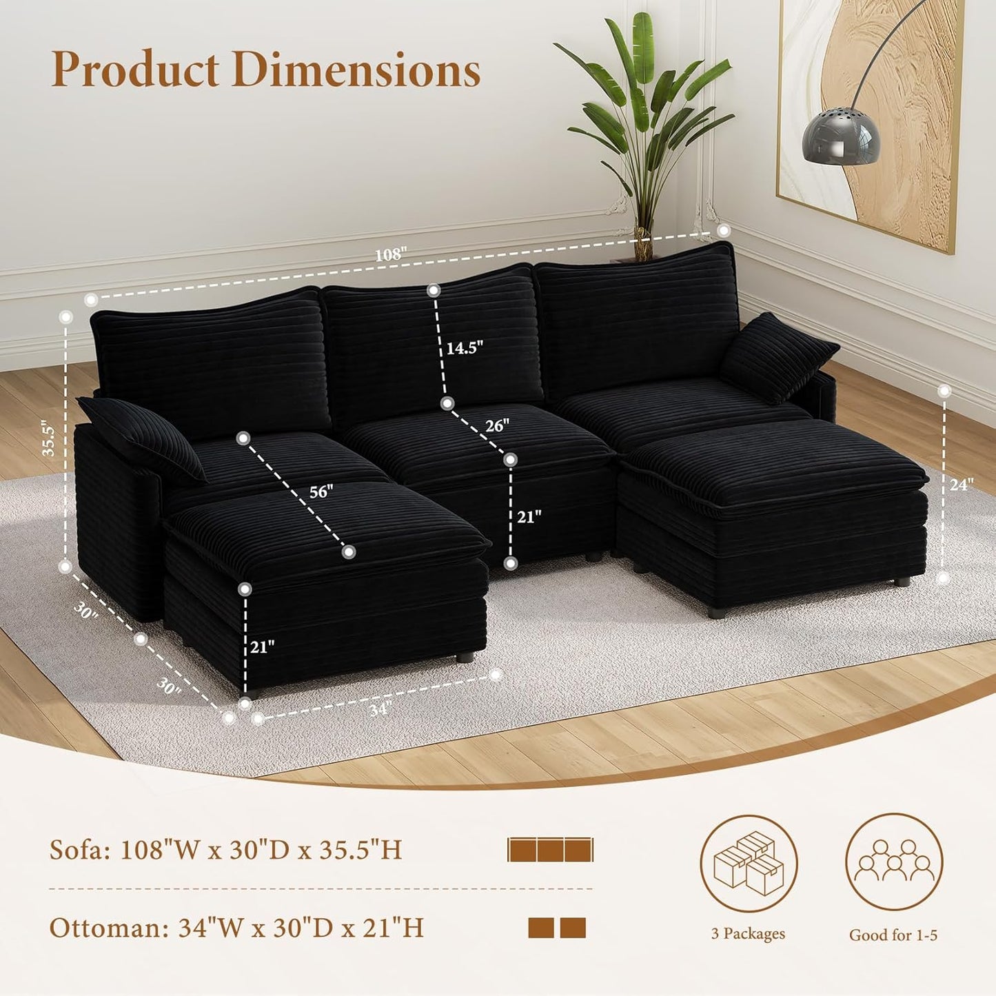 Vesgantti 108" U Shaped Sectional Couch, Comfy Cloud Modular Sectional Sofa with 2 Ottoman Deep Seat Corduroy Modern Cloud Sofa, Modular Sofas for Living Room, Bedroom and Apartment, Black