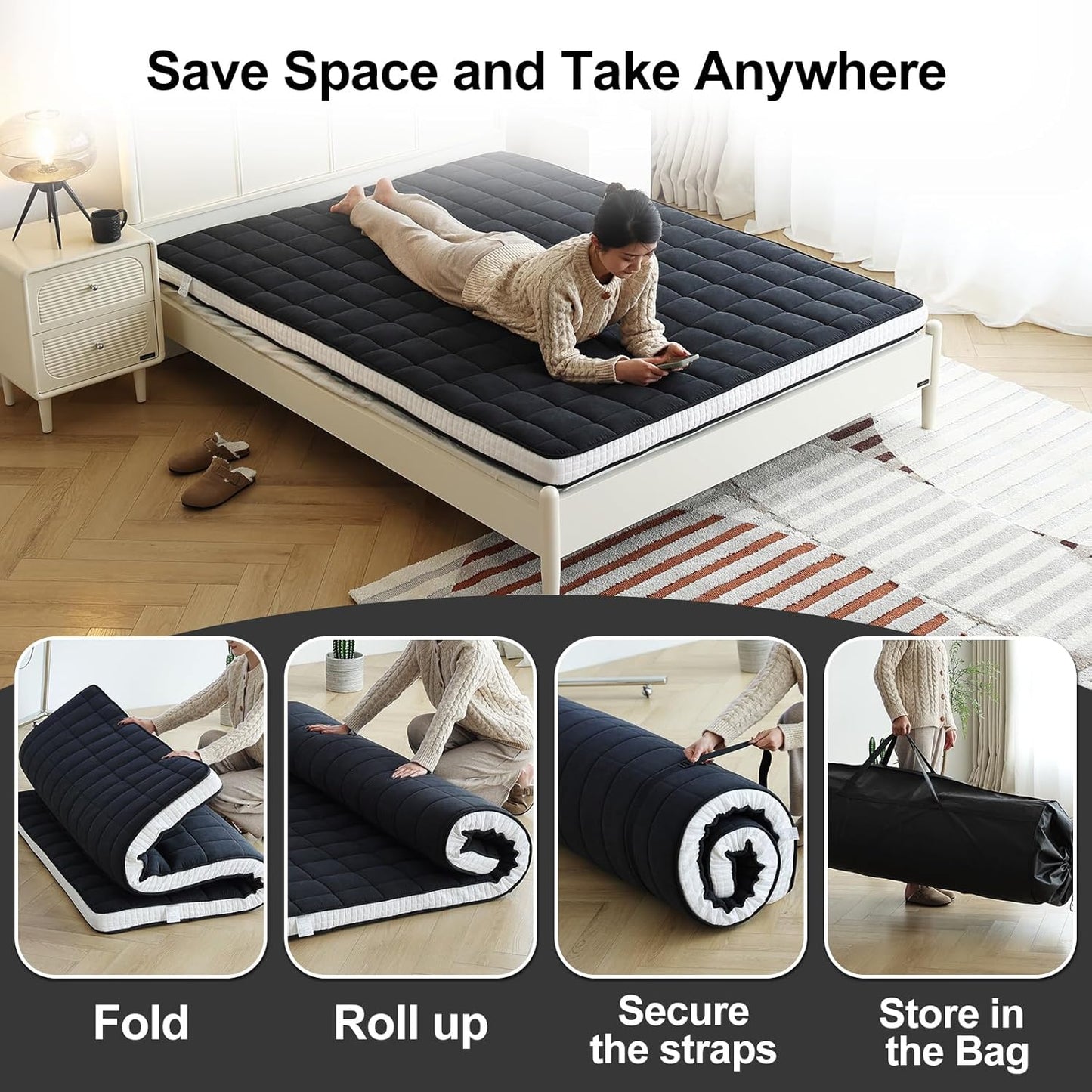 Tiita Japanese Floor Mattress, 4” Thicken Futon Mattress with Storage Bag and 2 Straps，Queen Size Sleeping Tatami Mat for Adults，Black