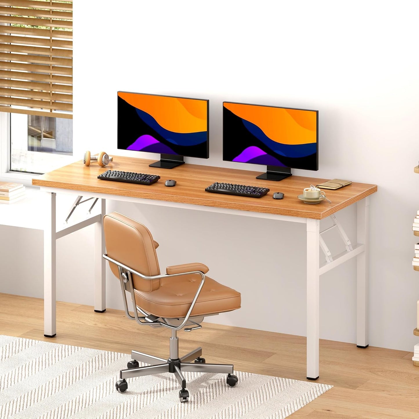 Need Office Computer Desk - 54.3L Sturdy and Heavy Duty Folding Laptop Table,Writing Table/Home Office Desk/Sewing Table,No Assembly Required (Teak&White) AC5BW138