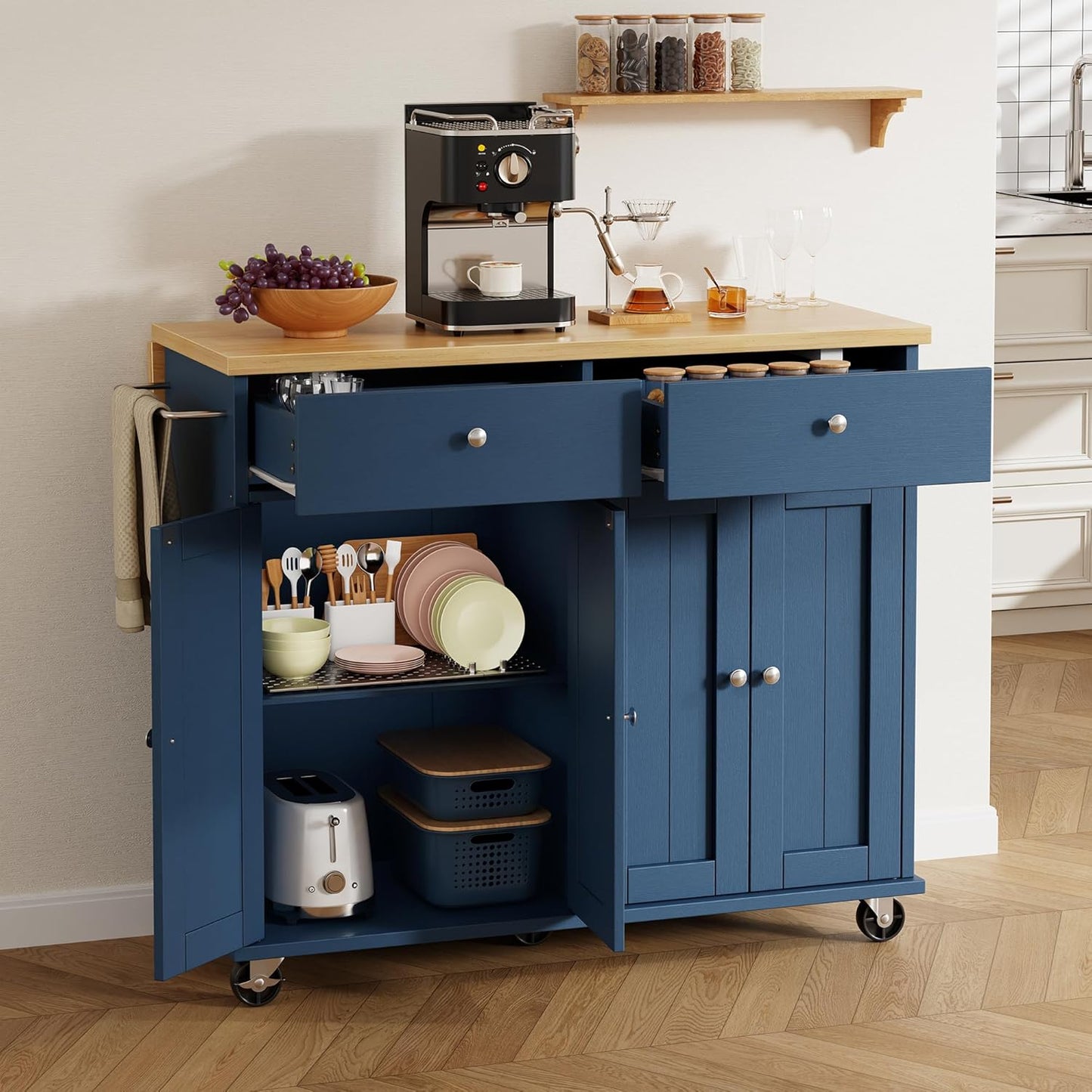 Shintenchi Kitchen Island with Drop Leaf, Rolling Kitchen Cart with Storage on Wheels, Table Bar Cart for Kitchen with Towel Rack & Seating Area for Dining Room, Blue