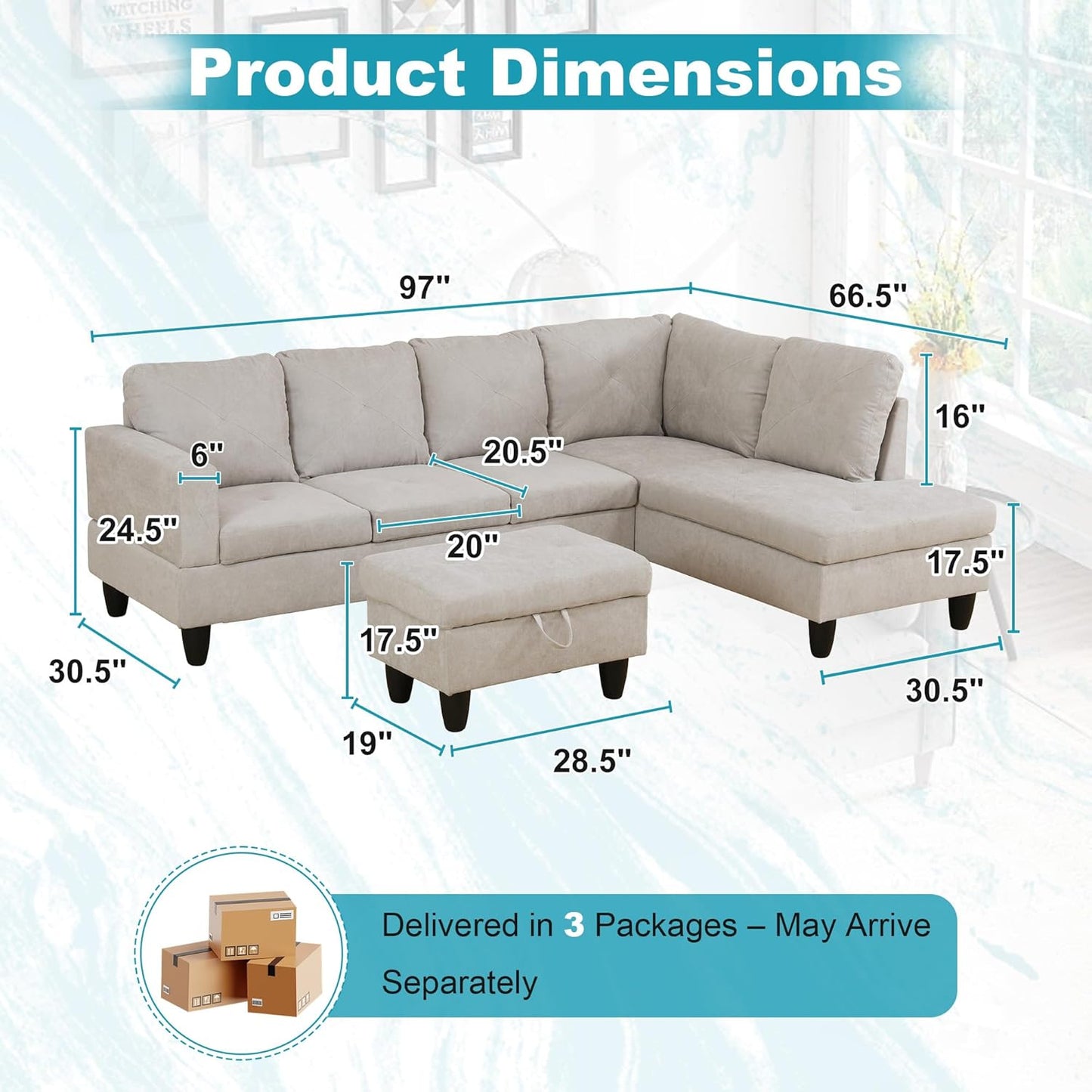 97" Oversized Sectional Couch, L Shaped Couch with Storage Ottoman, Modern Modular Sofa with Deep Seat, Sectional Couches for Living Room and Office, Off-White (Flannelette)