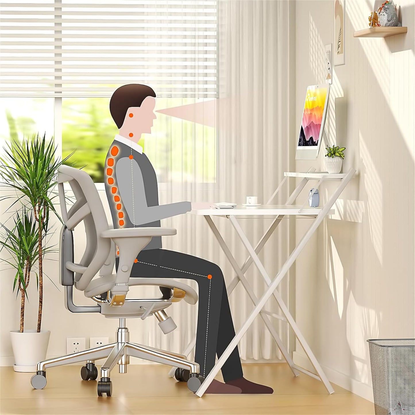 GreenForest No Assembly Folding Desk, 2-Tier Compact Computer Desk with Shelf, Space Saving Foldable Table for Home Office, Dorm or Apartment, Portable Collapsible Sturdy Laptop Desk, White