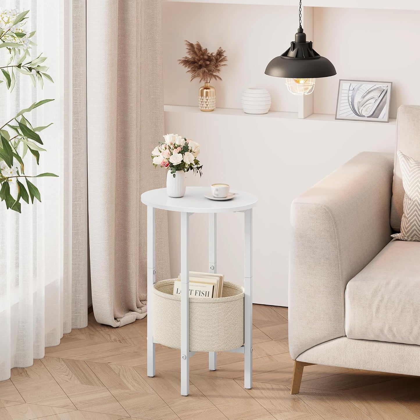 Vagusicc Round Side Table End Table with Storage Basket, Small Side Table Round Nightstand for Small Spaces, Tall Oval End Table with Steel Frame, Coffee Bedside Table for Living Room Bedroom, White
