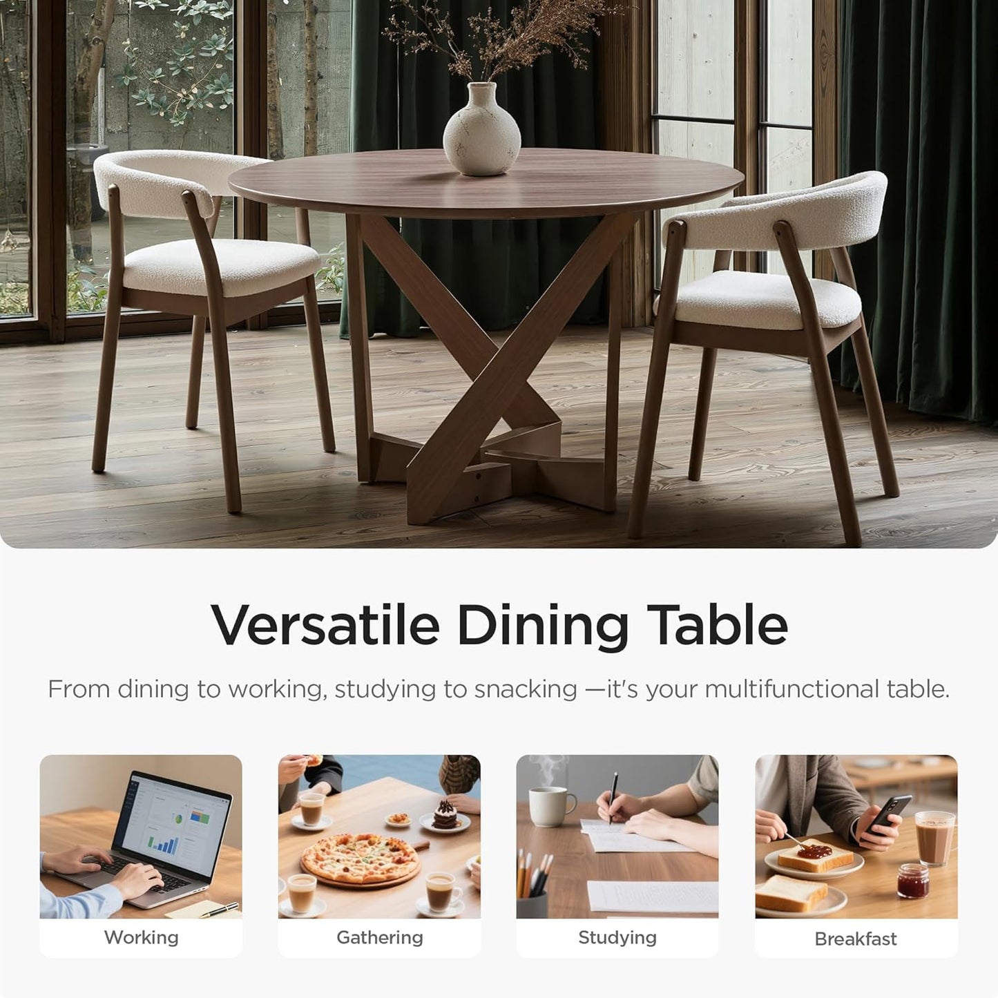 Acanva 47" Small Round Dining Table for 4 Person, MDF Top and Sturdy Wood Base Structure, Modern Design for Kitchen, Compact Space & Apartment, Walnut Brown