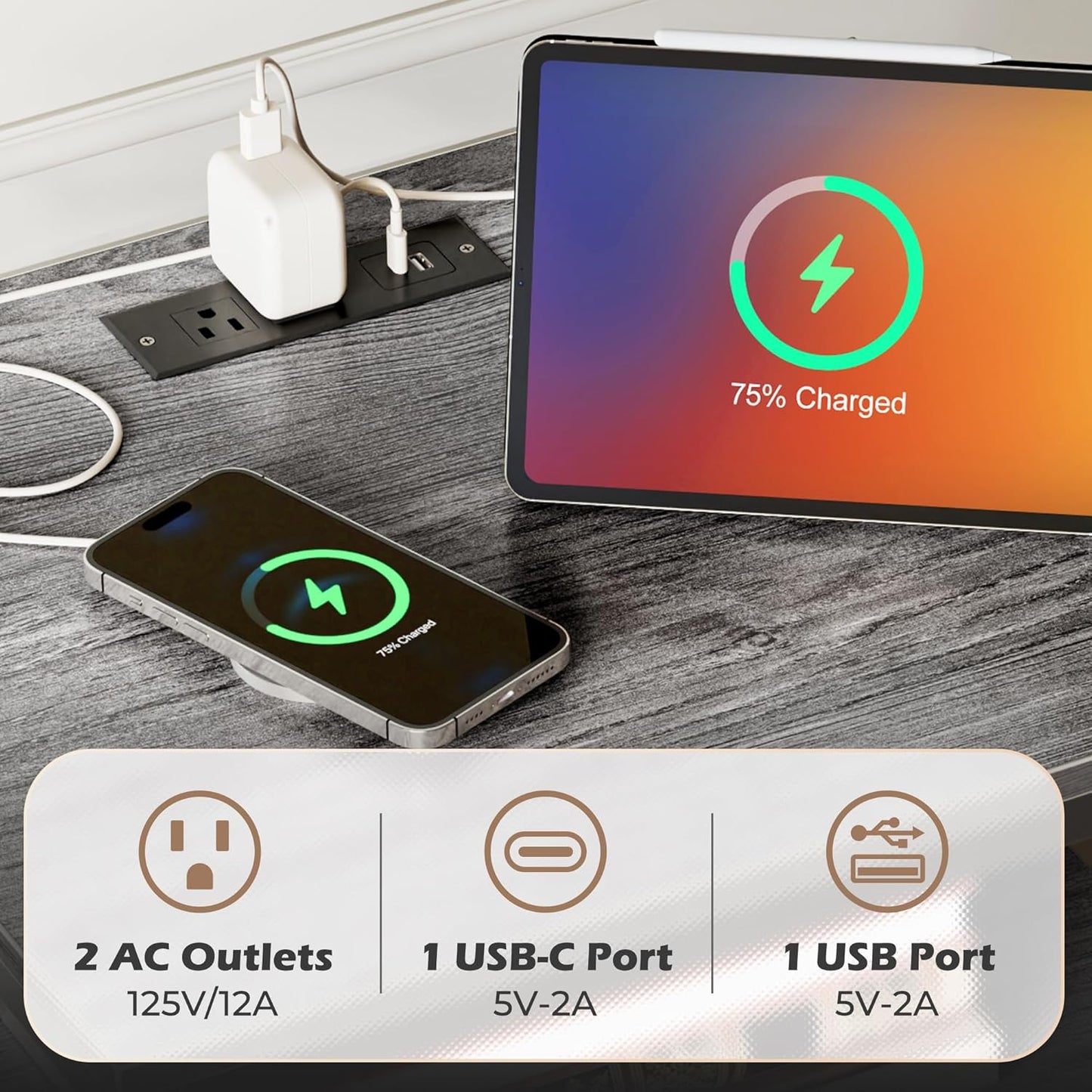 SUPERJARE Night Stand with Charger Station, 27.7 Inch Tall Nightstand with Adjustable Fabric Drawer, Bed Side Table, Fabric Drawer Dresser for Bedroom, Living Room, Charcoal Gray and Black