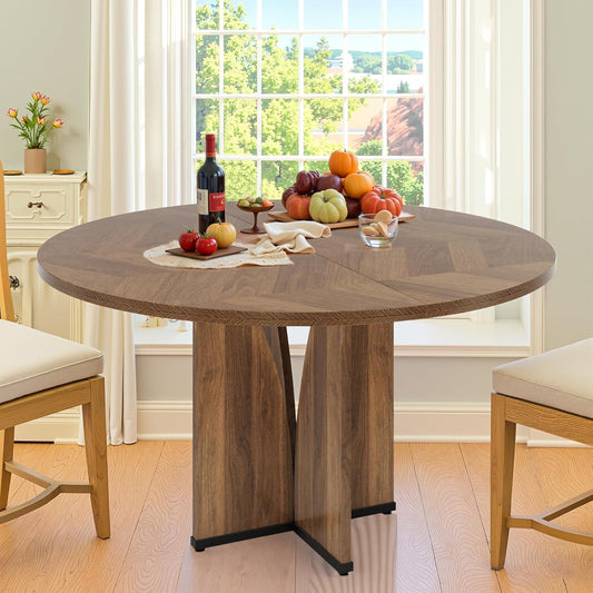 Round Dining Table for 4, 39 Inch Small Dinner Table Farmhouse Wooden Circle Kitchen Tables with Cross Base for Dining Room, Kitchen, Living Room, Brown