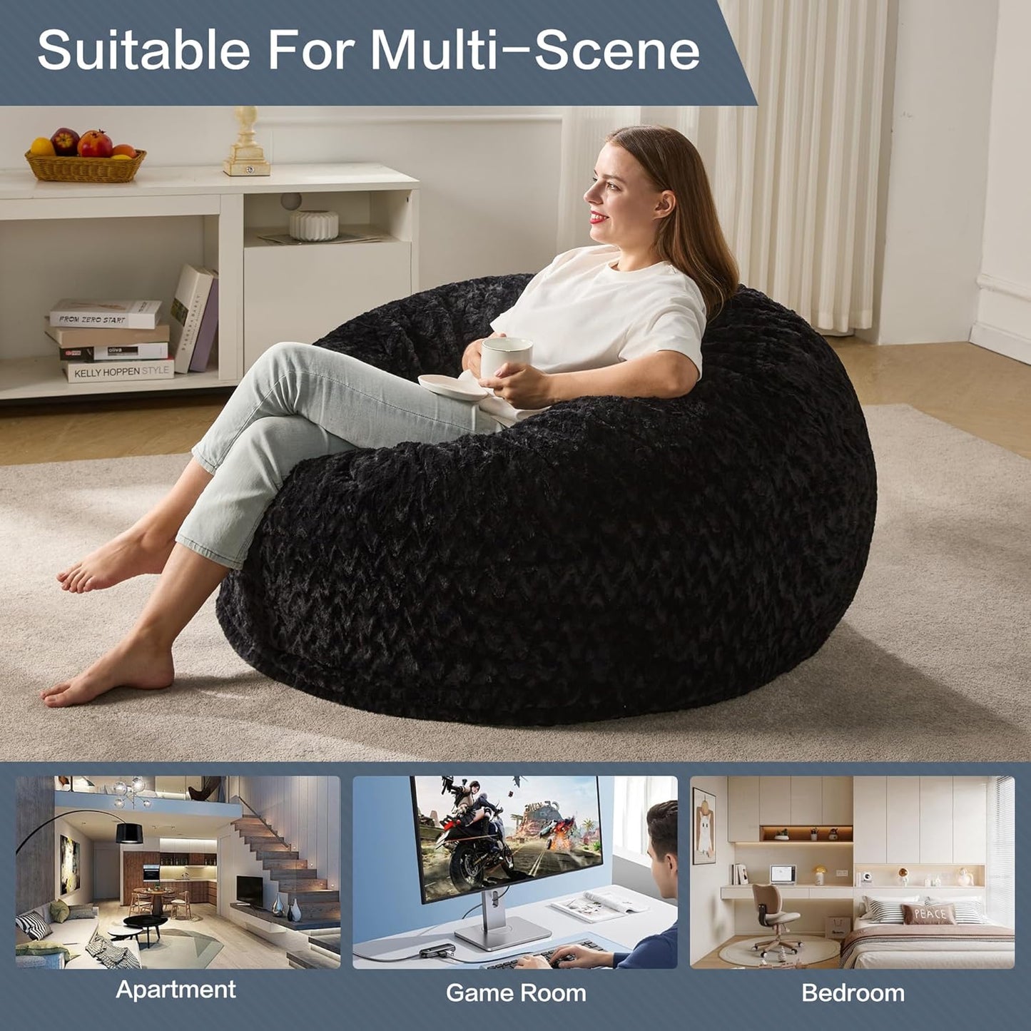 Hobestluk 4ft Bean Bag Chairs for Adults Large Beanbag Chair with Chevron Plush Fur Cover Big Bean Bag Chair for Living Room Bedroom Dorm Office - Black (44” x 44” x 24”)