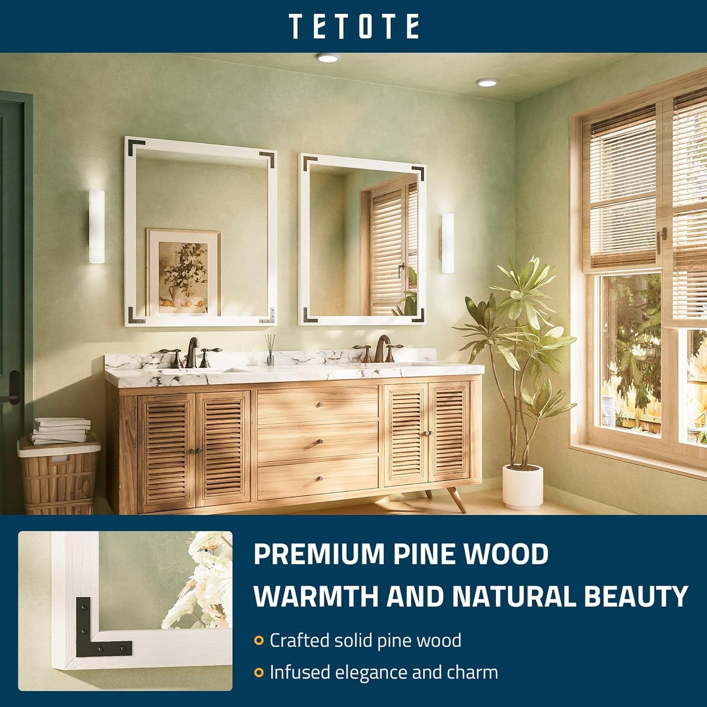 TETOTE 30 x 36 White Wooden Mirror for Bathroom Wall/Bedroom/Living Room/Entryway Farmhouse Rustic Bathroom Vanity Mirror Waterproof (Horizontal/Vertical Mounted)