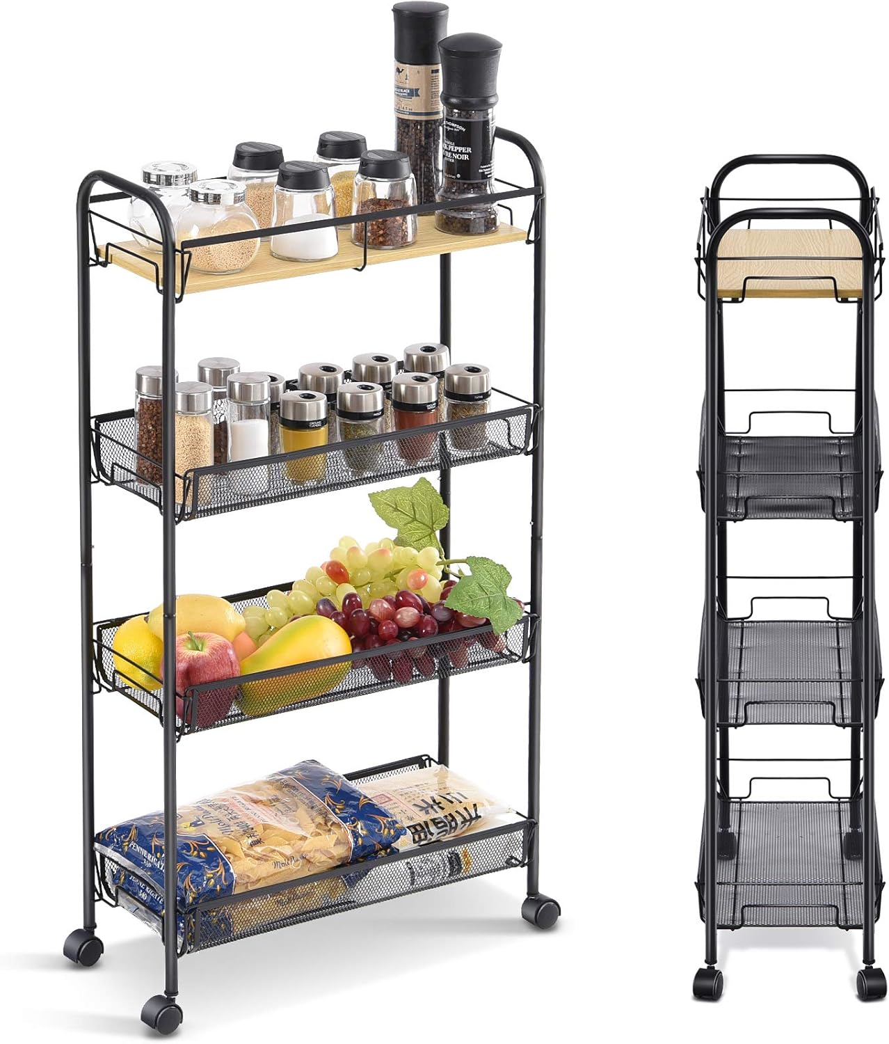 KINGRACK 4-Tier Slim Rolling Cart,Metal Utility Cart,Slide Out Storage Cart with Wooden Tabletop and Mesh Baskets for Narrow Space on Kitchen Bathroom Laundry Room Bedroom Apartments Dormitory, Black