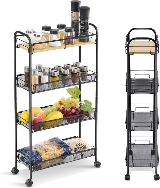 KINGRACK 4-Tier Slim Rolling Cart,Metal Utility Cart,Slide Out Storage Cart with Wooden Tabletop and Mesh Baskets for Narrow Space on Kitchen Bathroom Laundry Room Bedroom Apartments Dormitory, Black