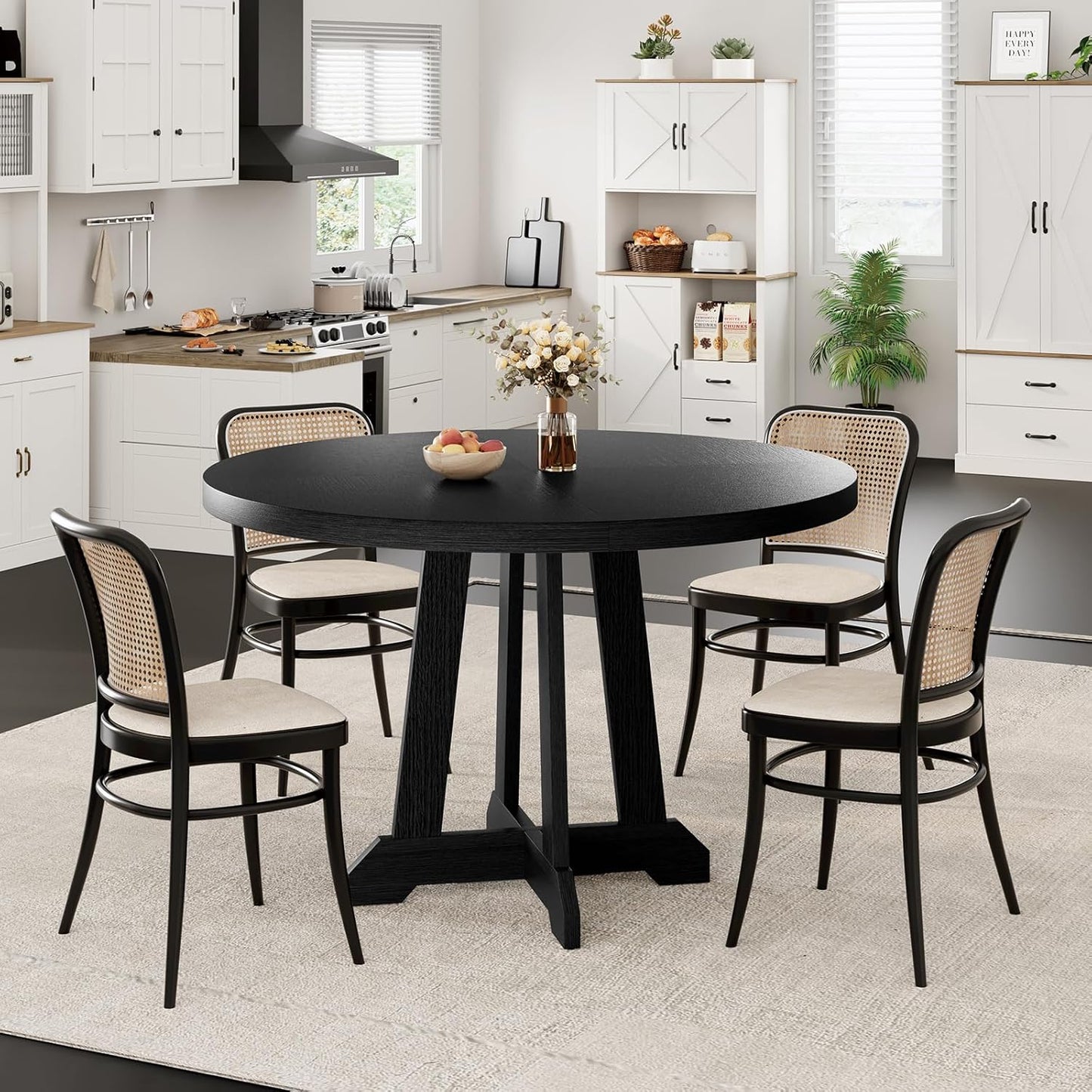 GarveeHome Round Dining Table for 4,Kitchen Dining Room Circle Dinner Pedestal Table,Space Saving Wood Kitchen & Dining Room Furniture,Black 47-inch Diameter