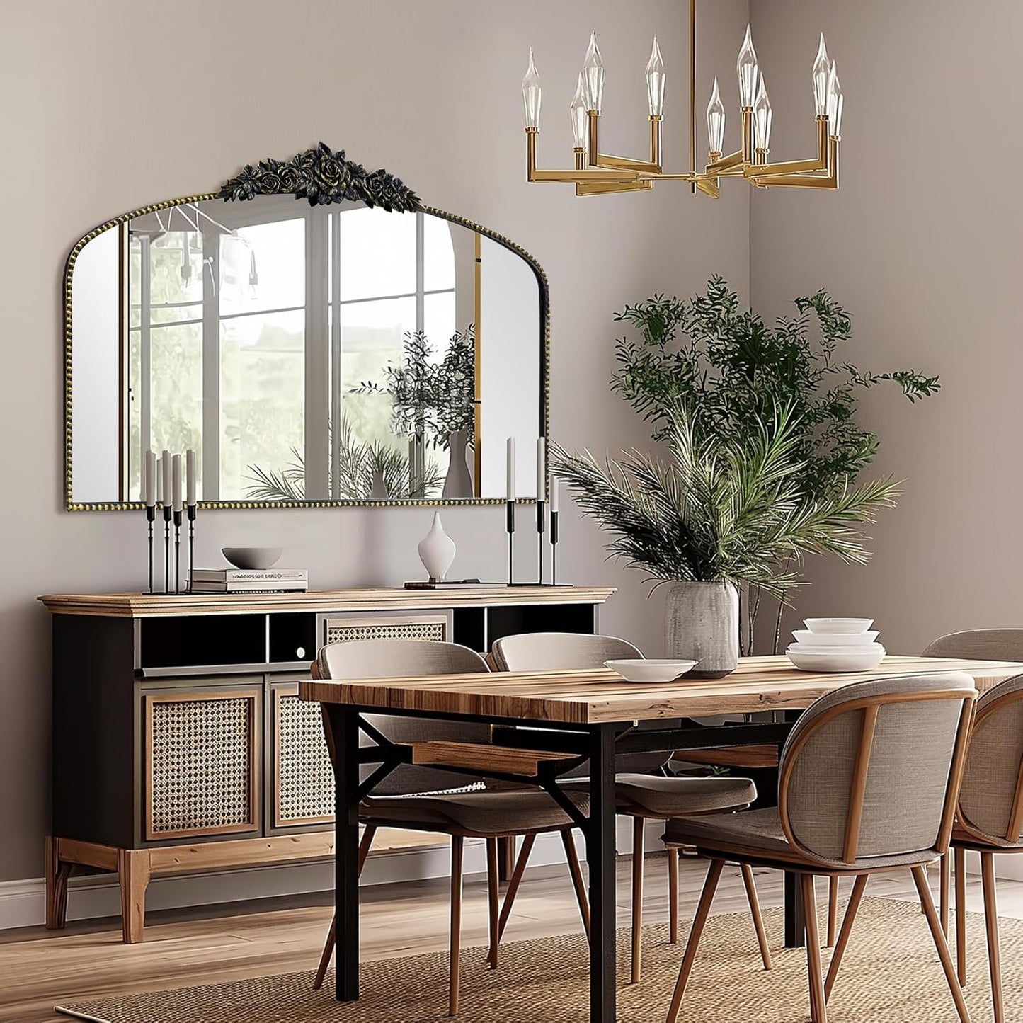 Antique Arched Black Mirror 48"x30", Traditional Victorian Vintage Mantel Mirrors with Ornate Metal Frame, Baroque Mirrors for Fireplace/Entryway/Dining Room/Living Room/Bathroom