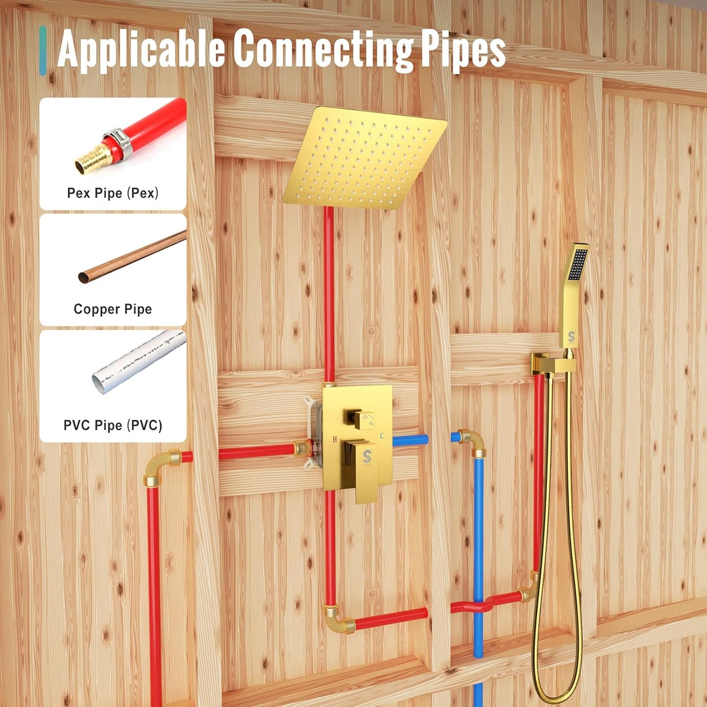 SR SUN RISE Shower System - Shower Faucet Set with 8 Inch Rain Shower Head and Handheld Shower - High Pressure Rain Shower System - All Metal Shower Faucet Trim Repair Kits - Brushed Gold