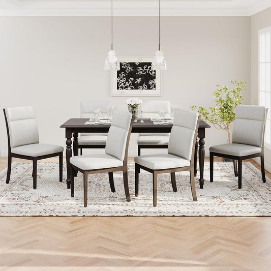 COLAMY Wooden Dining Chairs Set of 6, Modern Fabric Upholstered Kitchen Side Chairs, Farmhouse Ladder High Back Dining Room Chair with Foot Pegs - White