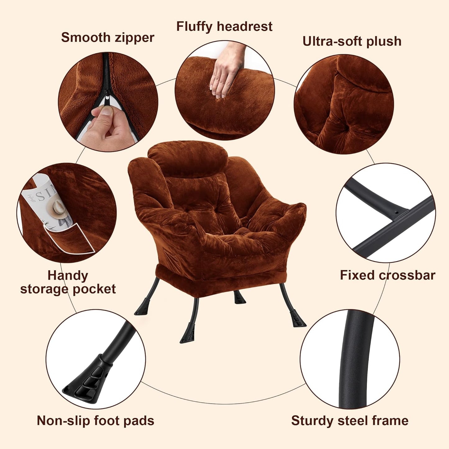 Fabric Lazy Chair for Adults, Oversized Upholstered Sofa Chair, Plush Comfy Lounge Chair with Large Side Storage Pocket, Thick Padded Reading Chair for Living Room, Bedroom, Study Room, Brown